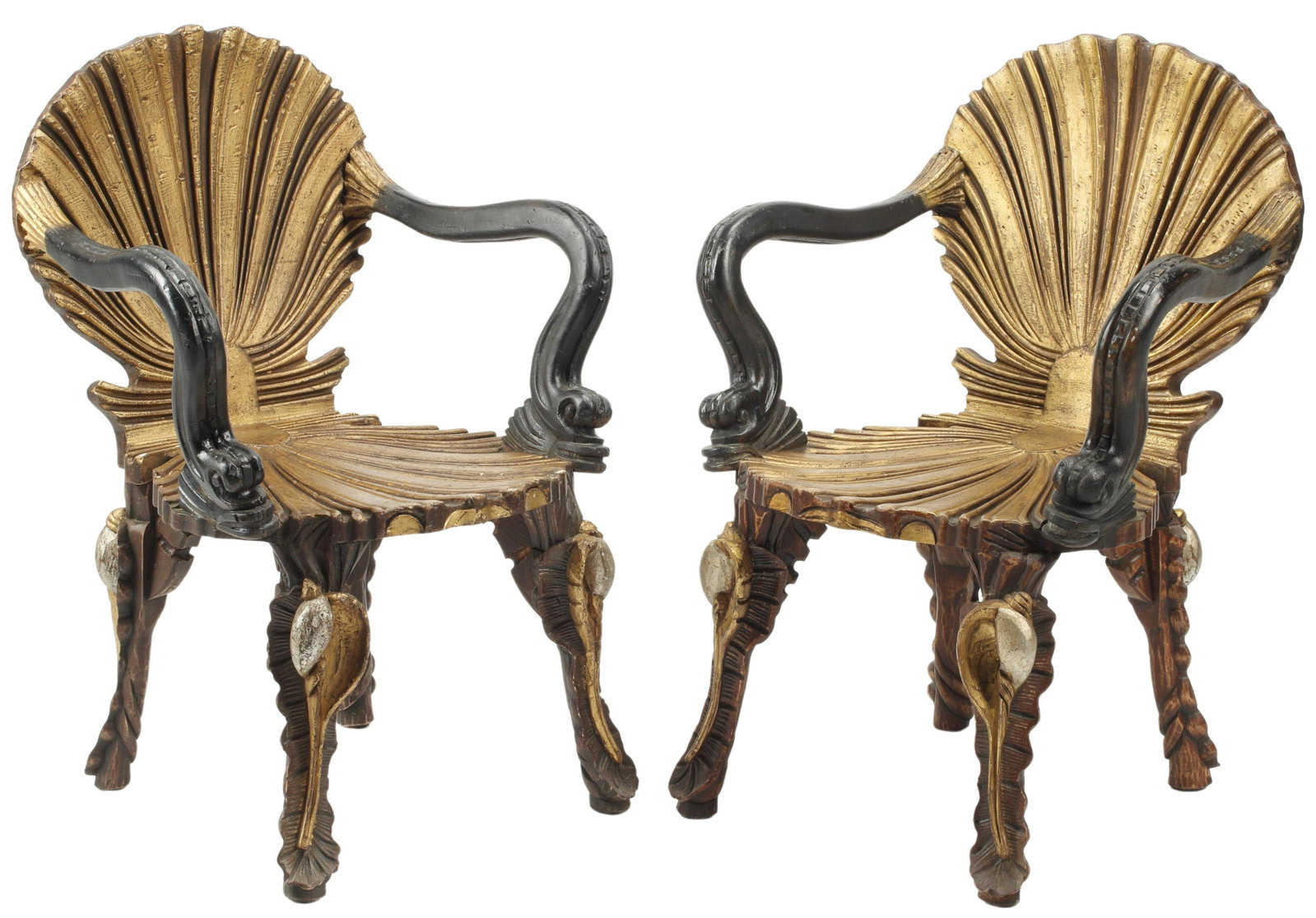 (2) GROTTO STYLE PARCEL GILT ARMCHAIRS: (pair) Grotto style parcel gilt armchairs, approx 34.5"h, 23.5"w, 22"d, seat height: 16.5"h Start Price: $600.00