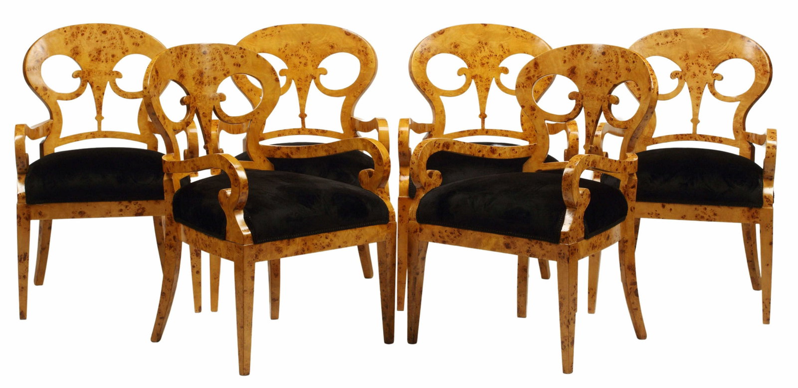 (6) BIEDERMEIER STYLE BURLWOOD ARMCHAIRS: (lot of 6) Biedermeier style armchairs, approx 35"h, 23.5"w, 21"d, seat height: 19"h Start Price: $600.00