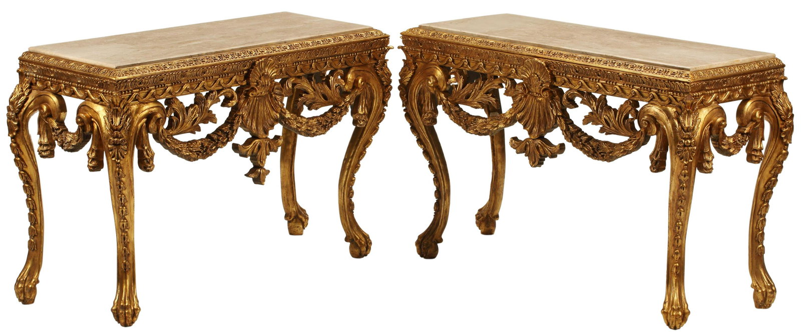 (2) MARBLE-TOP GILT CONSOLE TABLES: (pair) Carved and gilt console tables with marble tops, (both) marble tops intact with restorations, approx 35"h, 52"w, 21"d Start Price: $1000.00