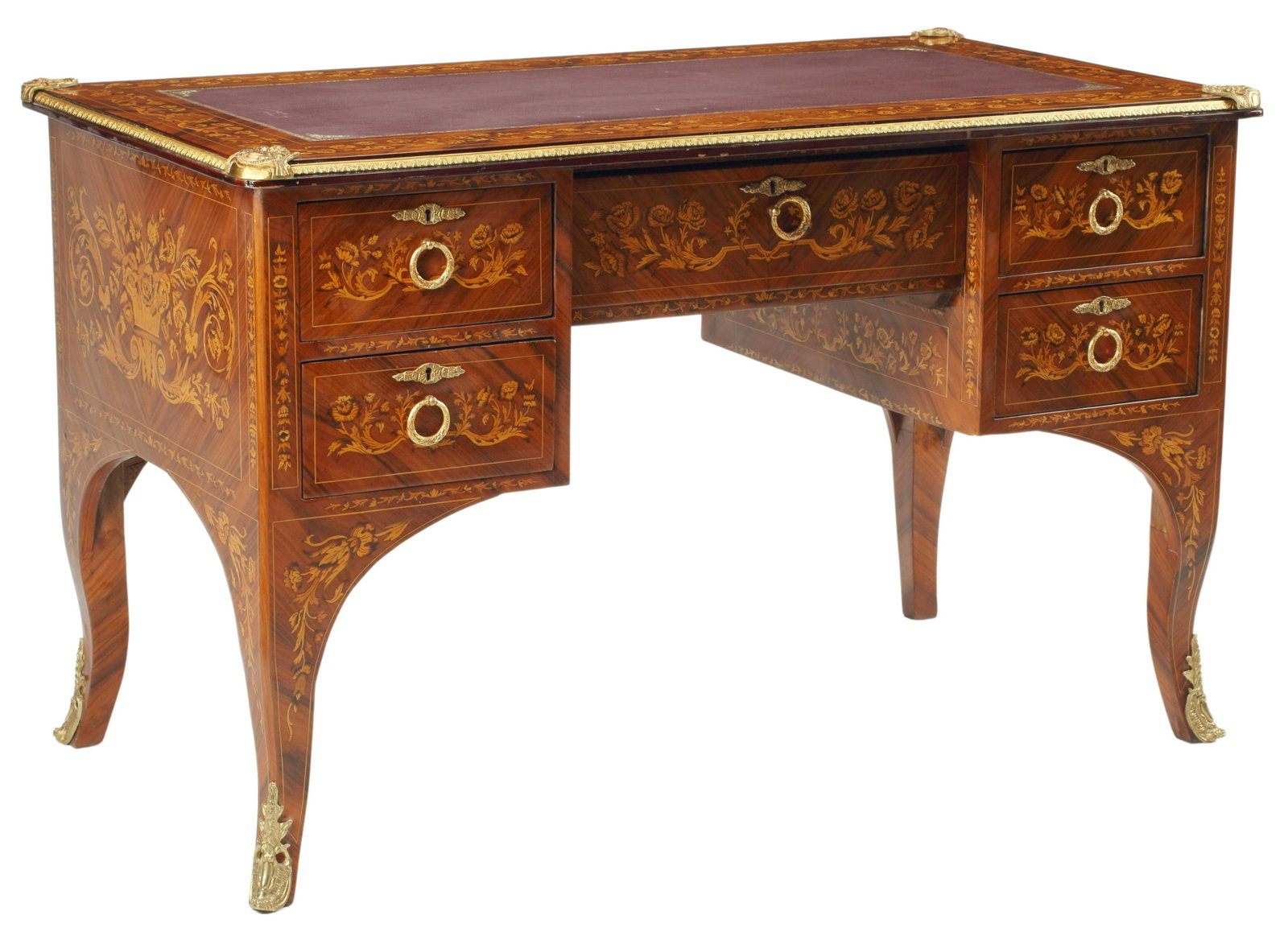 DUTCH MARQUETRY INLAID WRITING DESK: Dutch marquetry inlaid writing desk, with inlay all around, approx 32"h, 51"w, 28"d Start Price: $400.00