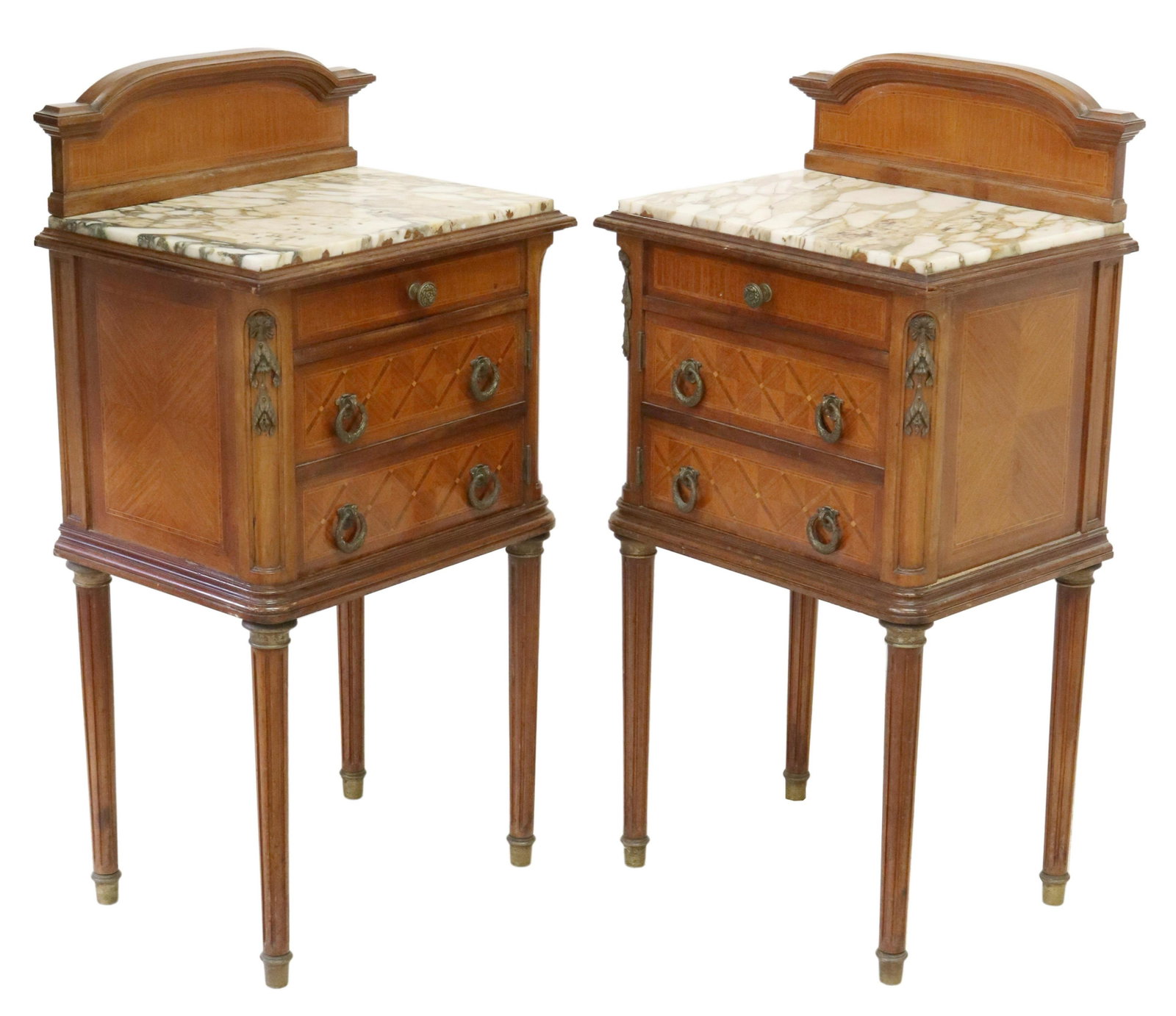 (2) LOUIS XVI STYLE PARQUETRY NIGHTSTANDS: (pair) Louis XVI style parquetry bedside cabinets, 20th c., having molded cornice backsplash, over inset marble top, case fitted with single top drawer, above faux drawer cabinet door, opening to porc