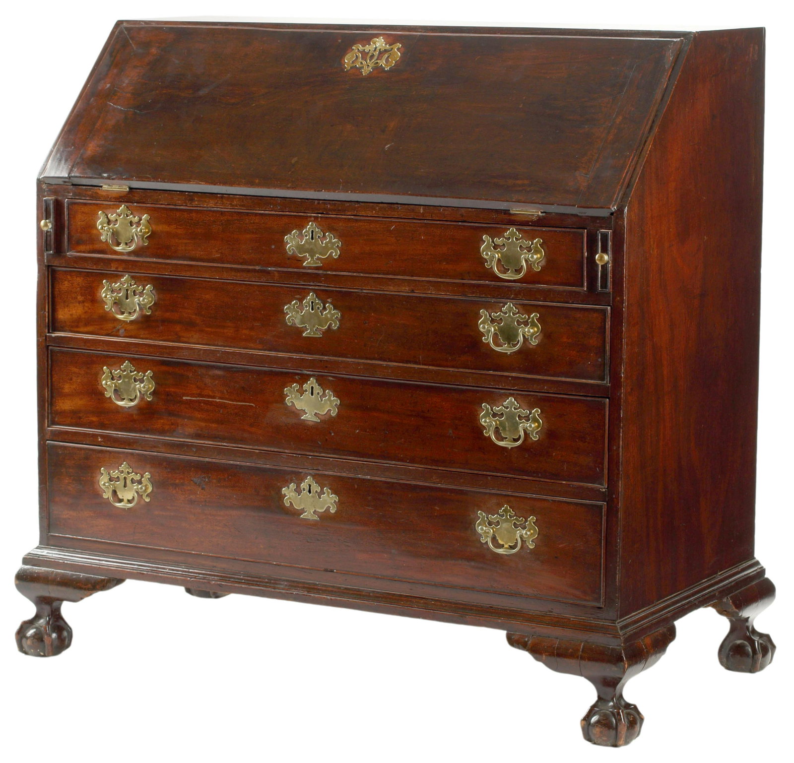 ENGLISH GEORGE III MAHOGANY SLANT FRONT DESK: English Georgian period mahogany bureau, late 18th/ early 19th c., approx 44.5"h, 47"w, 25"d Start Price: $400.00
