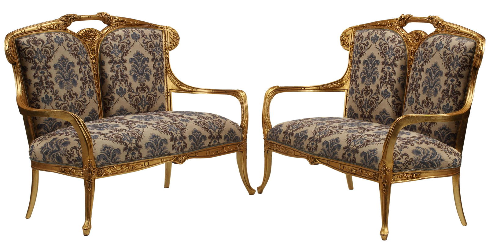 (2) ART NOUVEAU STYLE GILT & UPHOLSTERED SETTEES: (pair) Art Nouveau style gilt and upholstered settees, approx 45.5"h, 62"w, 26"d, seat height: 19.25"h Start Price: $600.00