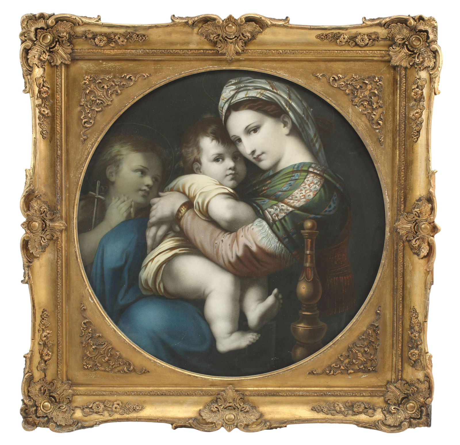 AFTER RAPHAEL PRINT MADONNA DELLA SEGGIOLA: Framed print on paper, Madonna della Seggiola (Madonna of the Chair), after Raphael (Raffaello Sanzio da Urbino, Italian, 1483-1520), sight: approx 28.5"h, 28"w, overall: approx 38"h, 37.75"w Start Pr