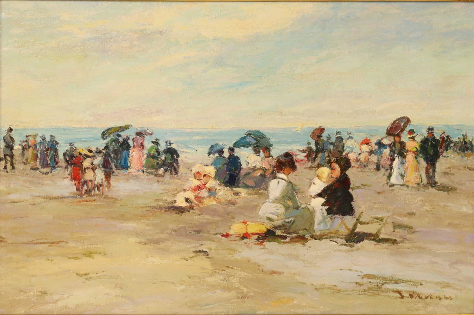 JACQUES DEVEAU (B.1937) BEACH SCENE, 24" X 36": Framed oil on canvas painting, La Plage, signed lower right J. Deveau (Jacques Deveau, French, b.1937), sight: approx 23.25"h, 35.25"w, overall: 31.25"h, 43.25"w, 14lbs Start Price: $300.00