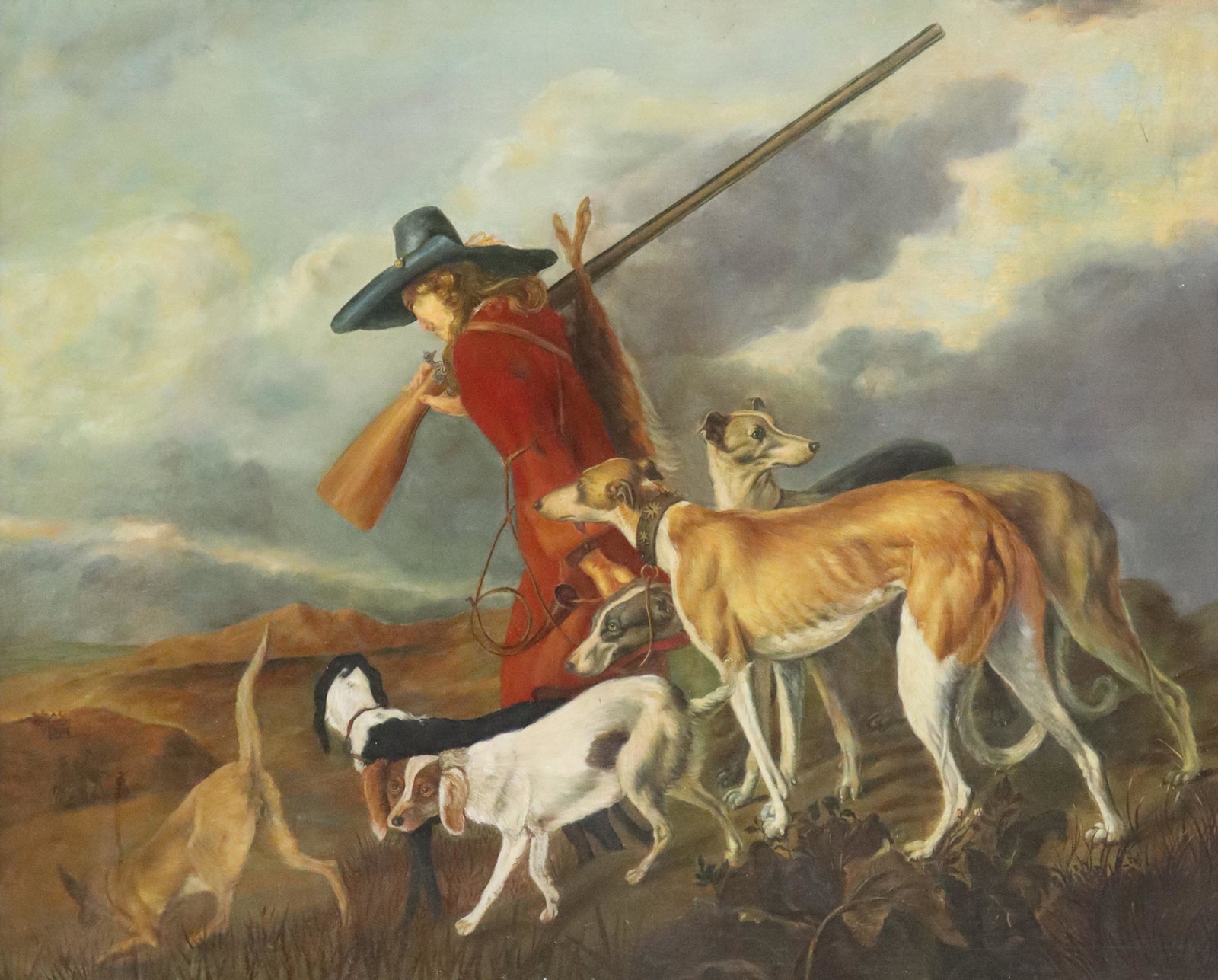 AFTER BEELDEMAKER OIL PAINTING THE HUNTER: Framed oil on canvas painting, now laid on Masonite, "The Hunter," after Adriaen Cornelisz Beeldemaker (Dutch, 1618-1709), sight: approx 32.75"h, 40.75"w, overall: 40.5"h, 48.5"w, 28lbs **Provenance: 