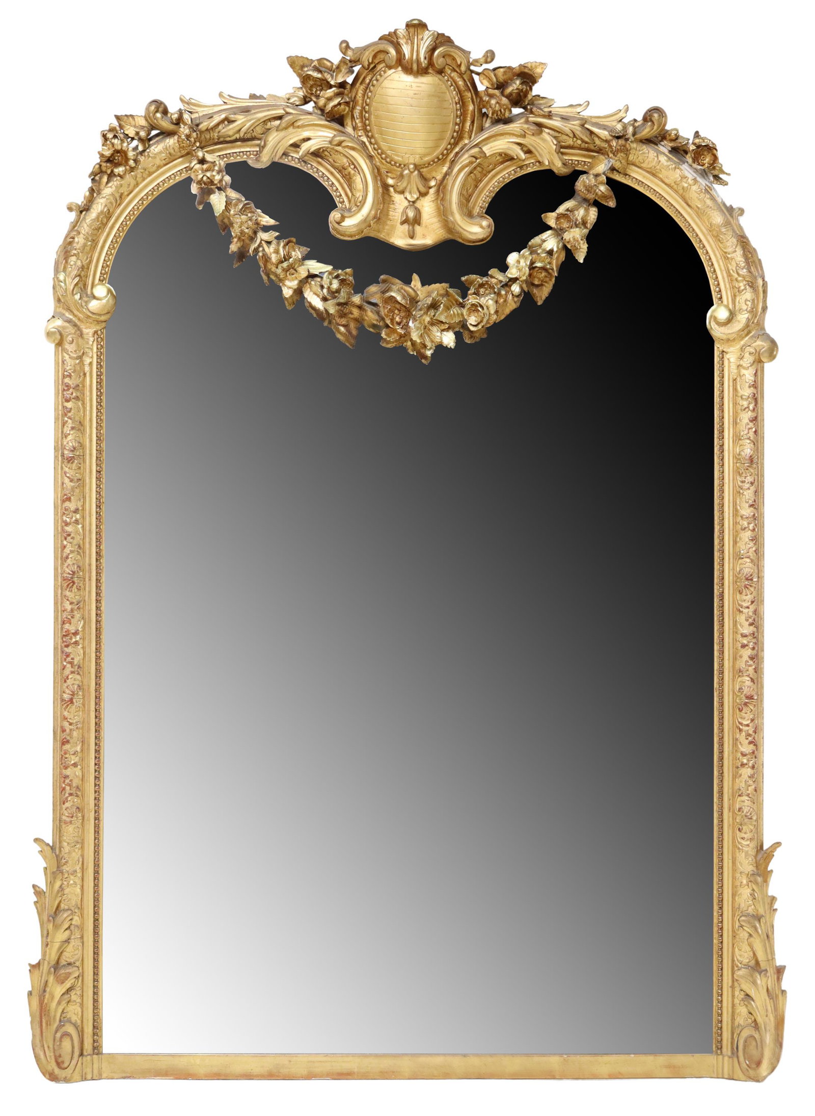 LOUIS XV STYLE GILTWOOD CARTOUCHE WALL MIRROR: Louis XV style giltwood wall mirror, 19th c., having cartouche crest, over floral swags, shaped frame encasing flat mirror plate, some typical small losses and possible later gilt paint touch ups, app