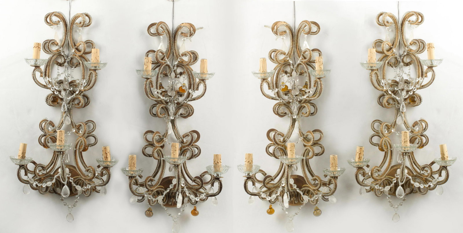 (4) NEOCLASSICAL STYLE ROCK CRYSTAL SCONCES, 33"L: (lot of 4) Neoclassical style crystal and rock crystal five-light sconces, in need of wiring, approx 33"h, 18.5"w, 11.5"d Start Price: $1000.00