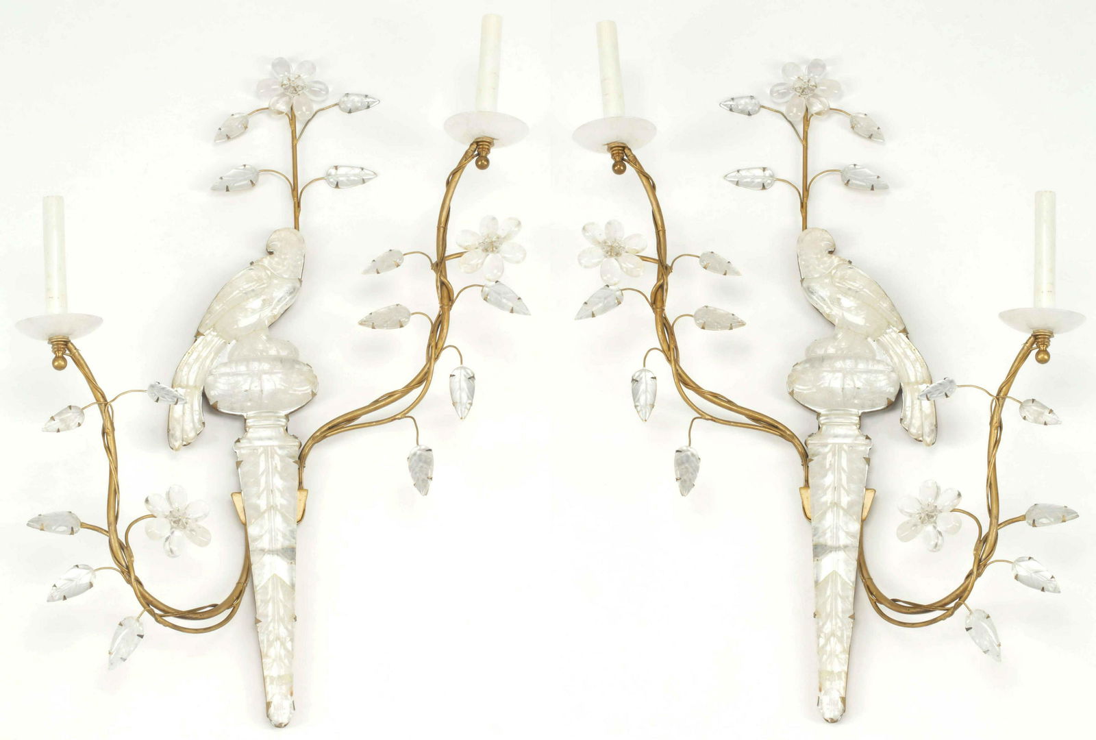 (2) BAGUES STYLE ROCK CRYSTAL PERROQUET SCONCES: (pair) Maison Bagues style rock crystal two-light sconces, in need of wiring, approx 26.5"h, 20"w, 7"d Start Price: $1000.00