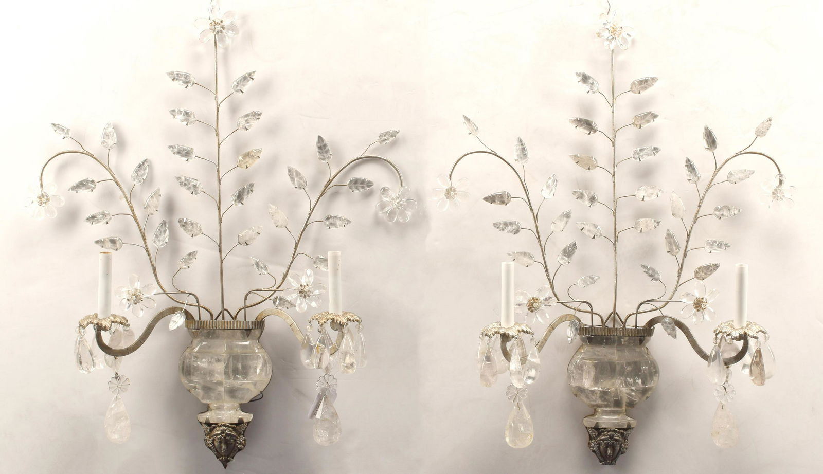 (2) MAISON BAGUES STYLE ROCK CRYSTAL URN SCONCES: (pair) Maison Bagues style rock crystal urn two-light sconces, in need of wiring, approx 32"h, 25"w, 6.5"d Start Price: $600.00