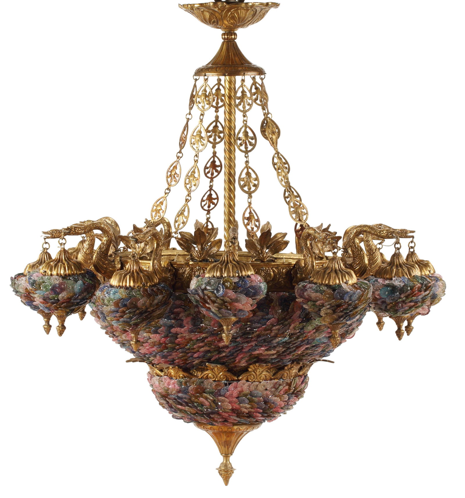 BRONZE & COLORED GLASS TWELVE-LIGHT CHANDELIER: Bronze dore and colored glass twelve-light chandelier, in need of wiring, approx 48"h, 42"diam Start Price: $1000.00