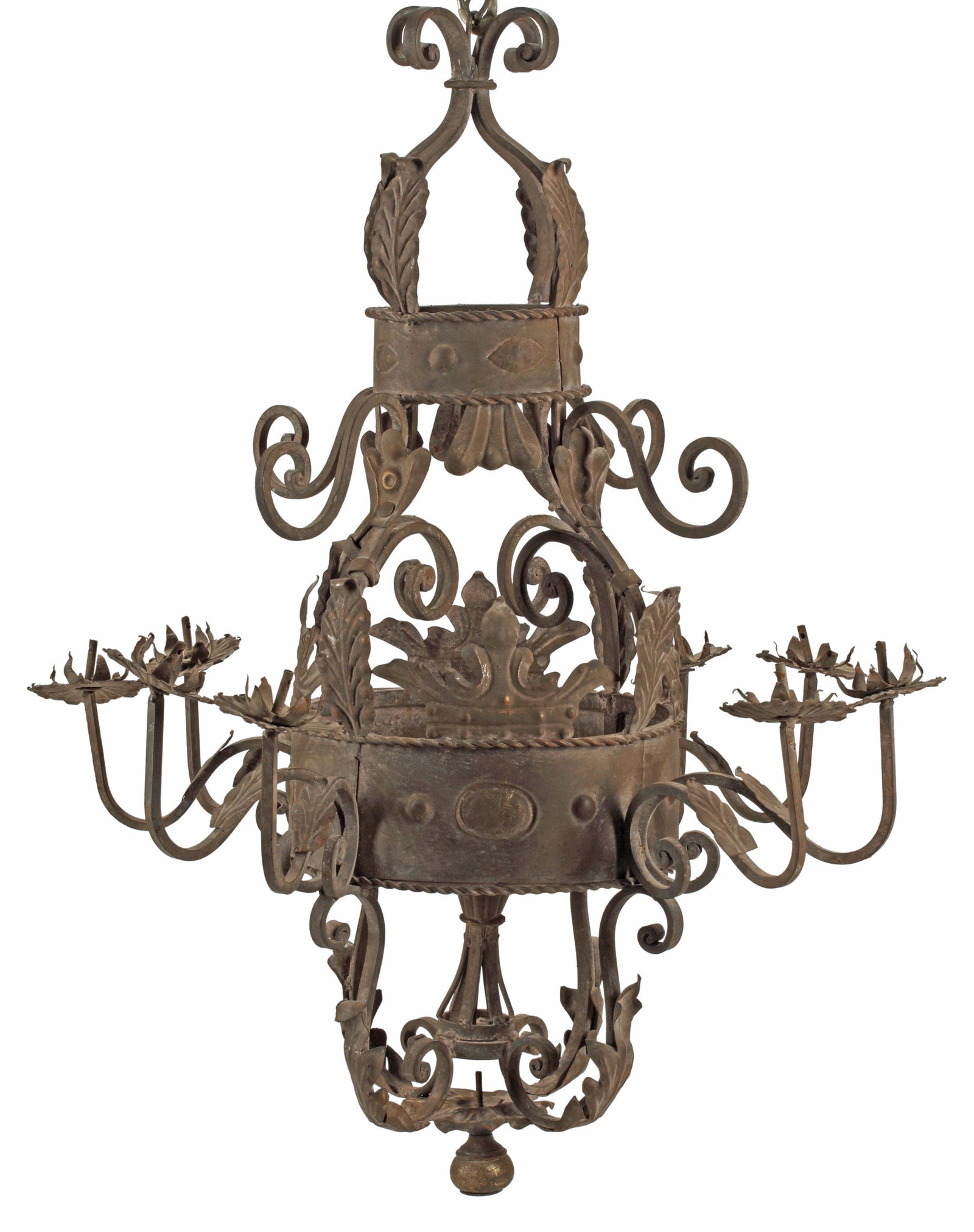 RENAISSANCE STYLE WROUGHT IRON 8-LT CHANDELIER: Renaissance style wrought iron and tole eight-light chandelier, in need of wiring, approx 49"h, 41"diam Start Price: $300.00