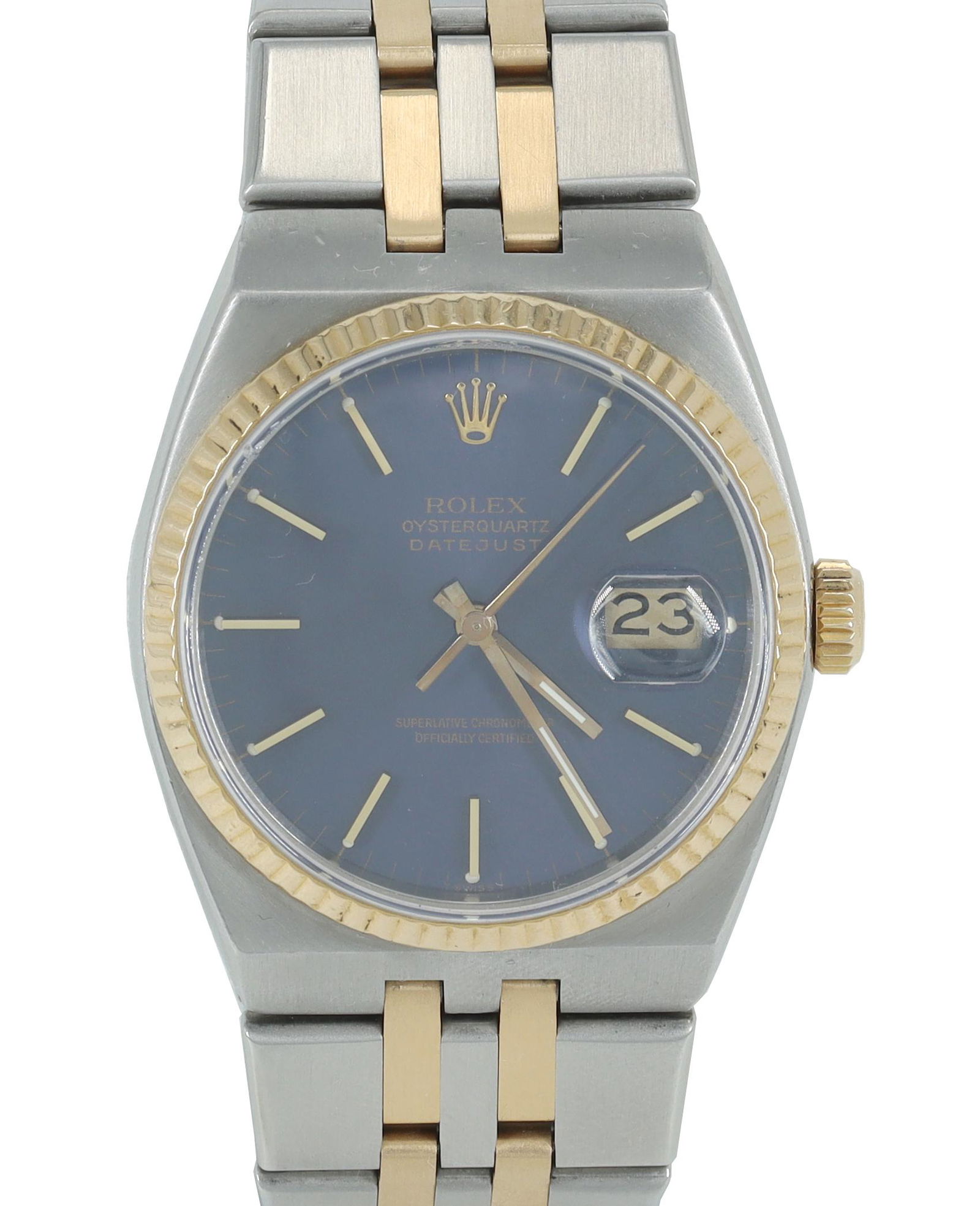 ROLEX OYSTERQUARTZ DATEJUST TWO-TONE WATCH: Rolex Oysterquartz Datejust wristwatch, stainless steel and yellow gold case, blue dial with baton indexes, date aperture at the three o'clock position, quartz movement, two-tone bracelet, observed op
