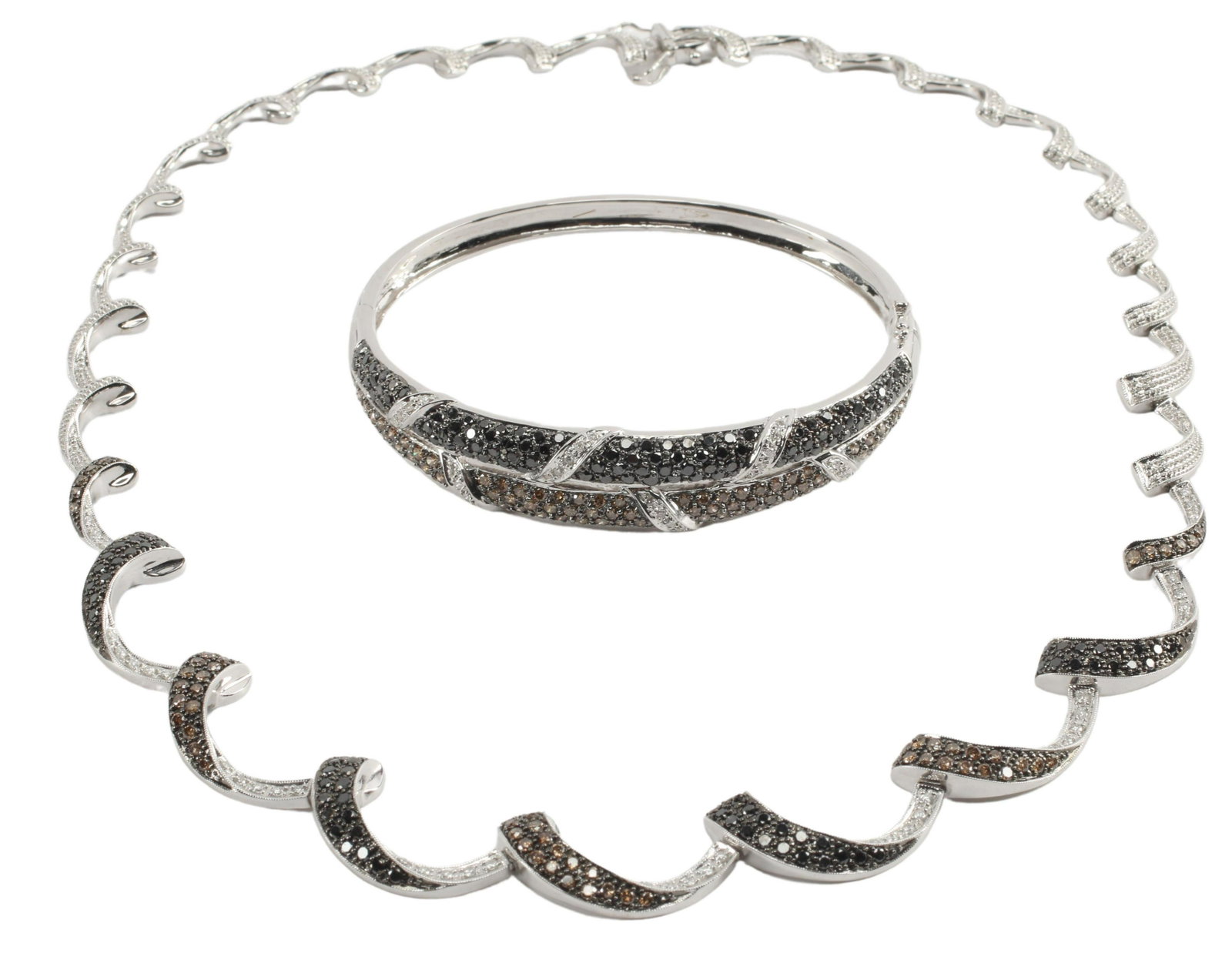 (2) ESTATE 14KT WG & MULTICOLOR DIAMOND JEWELRY: (lot of 2) Estate 14kt white gold and multicolor diamond jewelry, including: (1) necklace, set with black diamonds, approx 0.83cttw, chocolate diamonds, approx 1.25cttw, and white diamonds, approx 0.3
