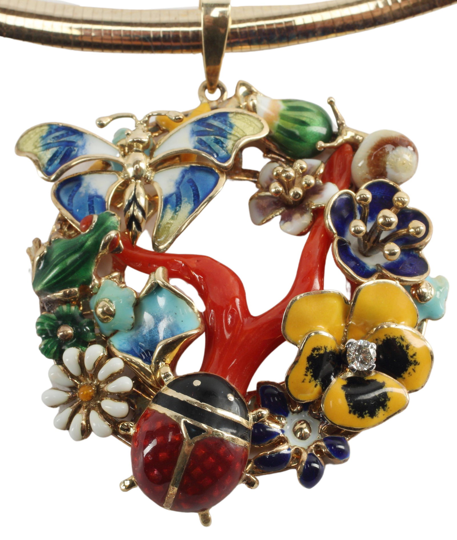 ESTATE 14KT GOLD DIAMOND & ENAMEL PENDANT NECKLACE: Estate 14kt yellow gold pendant necklace, 14kt yellow gold pendant of circular form, with enameled frog, snail, butterfly, lady bug and flowers, including a pansy set with a small diamond, bail stampe