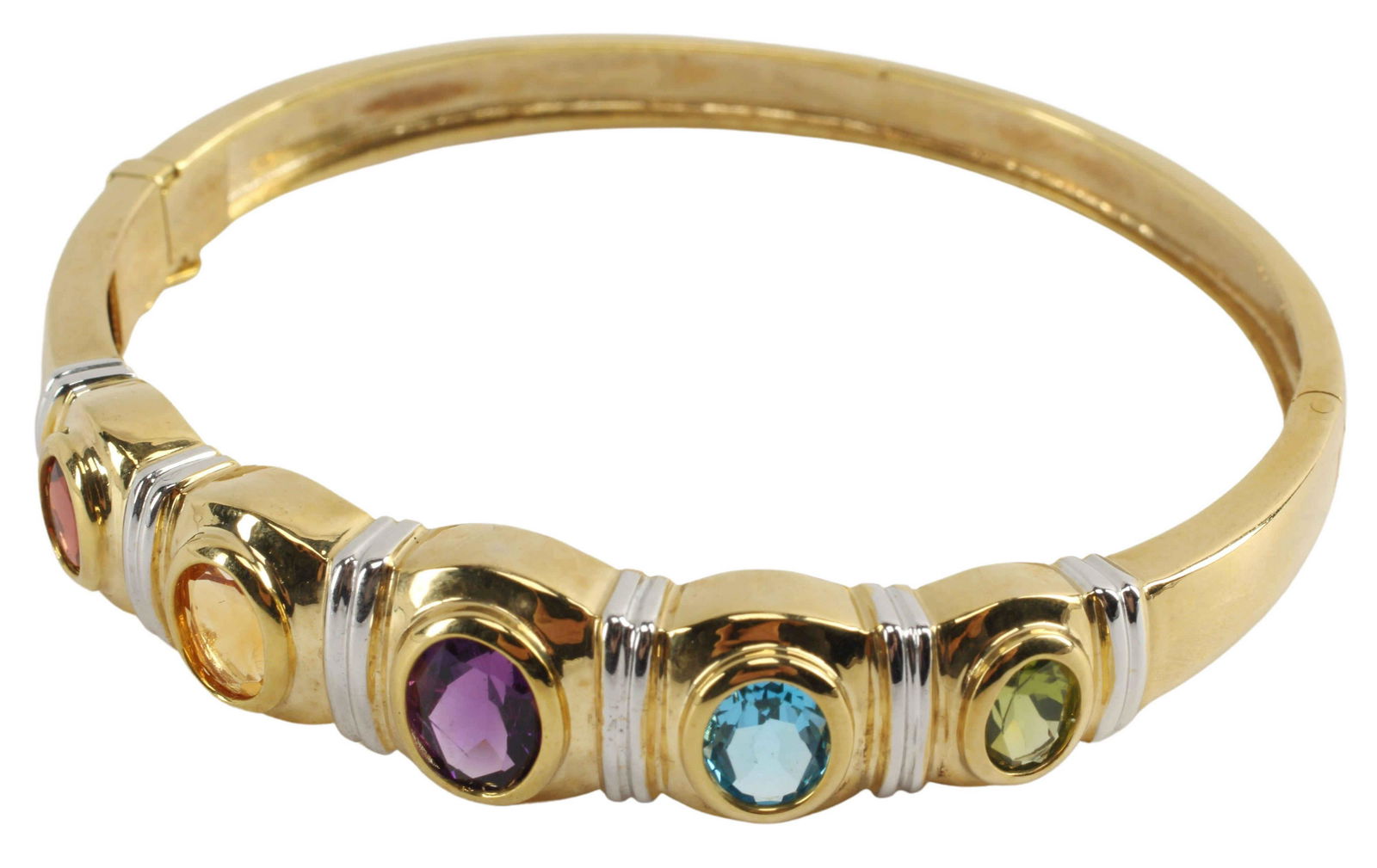 ESTATE 14K GOLD MULTI-GEM HINGED BANGLE BRACELET: Estate 14kt yellow gold and multi-gemstone hinged bangle bracelet, hallmarked 14K 585, interior: approx 2.25"w, 26.5 grams (inclusive of all materials) Start Price: $500.00