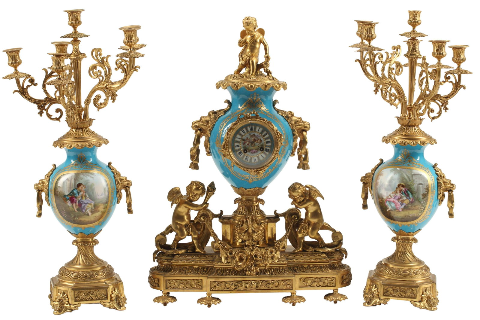 3) SEVRES STYLE PORCELAIN ORMOLU CLOCK, GARNITURES: (lot of 3) Sevres style porcelain and bronze dore clock and candelabra, including: (1) clock, approx 27"h, 19"w, 8"d, (2) candelabra, approx 27.5"h, 13"diam Start Price: $1500.00