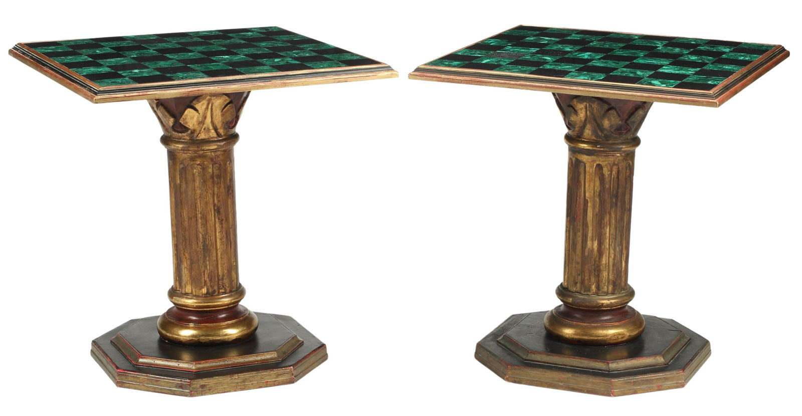 (2) BLACK ONYX & MALACHITE TILED GAMES TABLES: (pair) Black onyx and malachite tiled games tables, approx 27.5"h, 25.5"w, 25.5"d Start Price: $800.00