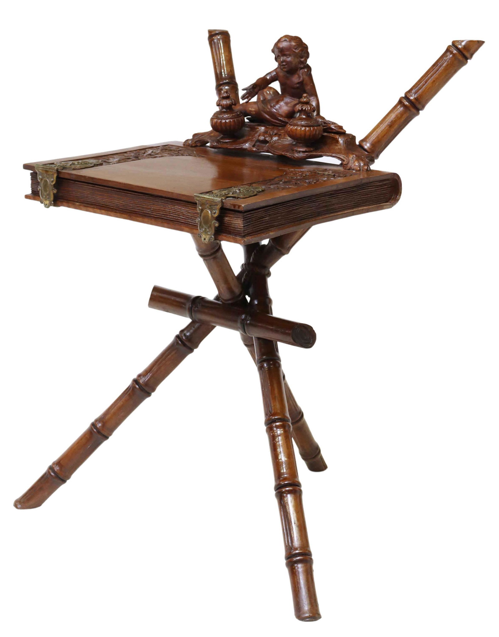 FRANCOIS-RUPERT CARABIN (ATTRIB) WRITING DESK: French Art Nouveau writing desk, attributed to Francois-Rupert Carabin (French, 1862-1932), c.1900, book-form writing surface with integral inkwell stand surmounted by a carved putto, rising on faux b