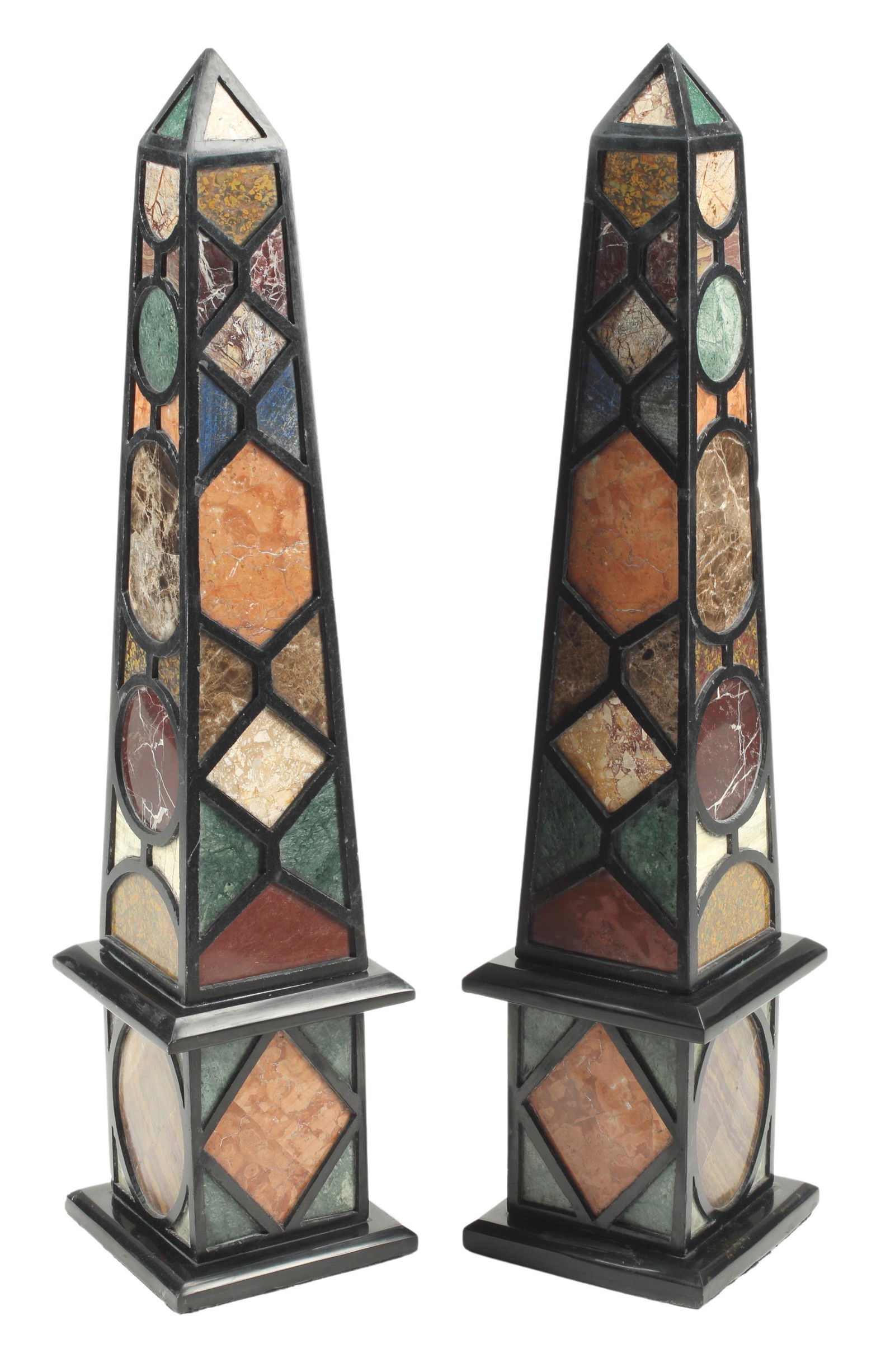 (2) SPECIMEN MARBLE INLAID OBELISKS: (pair) Specimen marble inlaid obelisks, approx 40.25"h, 9"sq, 121lbs total Start Price: $800.00