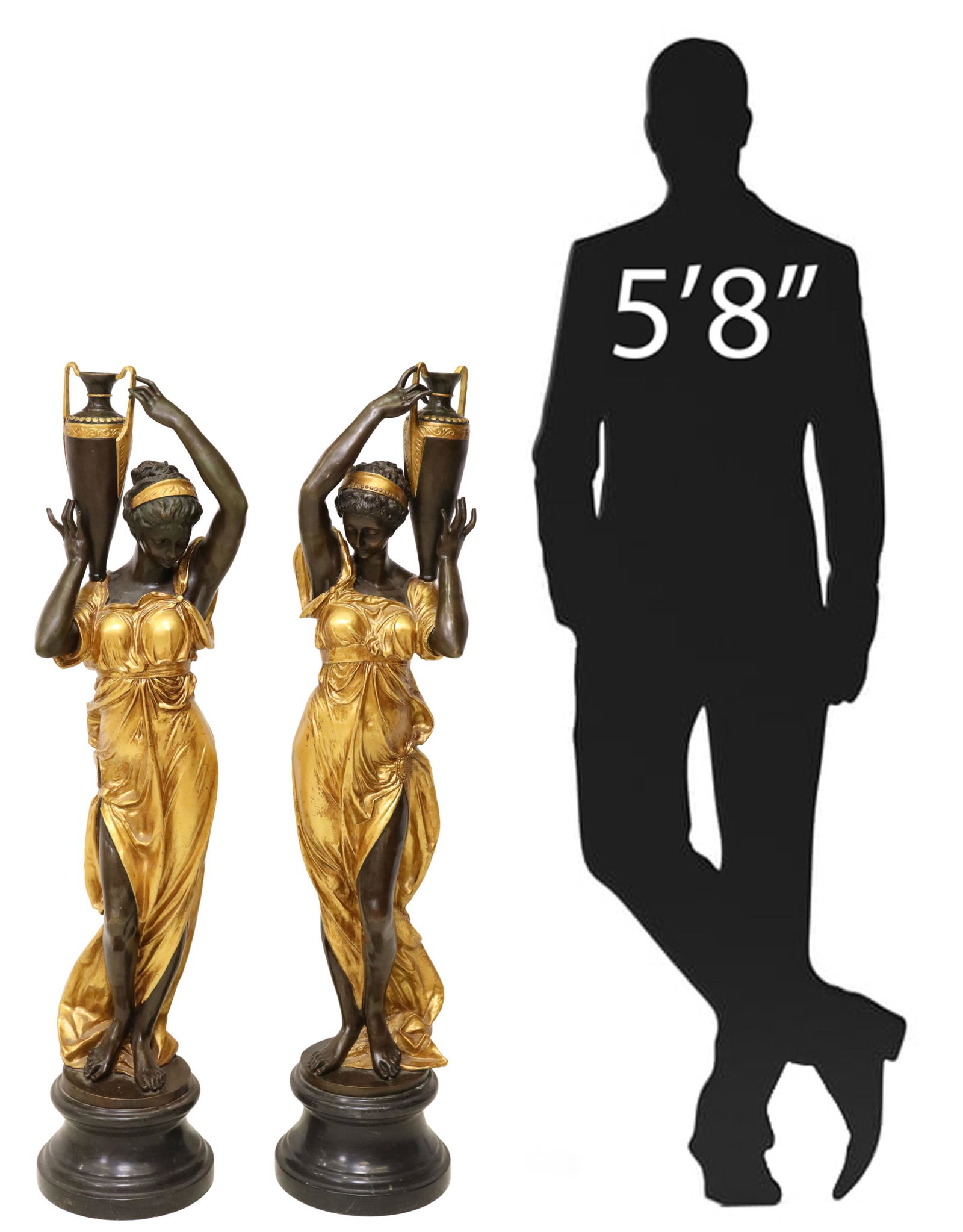 (2) PATINATED & GILT BRONZE SCULPTURES, 44"H: (pair) Patinated and gilt bronze sculptures, Classical Woman Holding an Amphora, signed in cast Lambertini (20th c.), on a stone socle, approx 44.25"h Start Price: $1500.00
