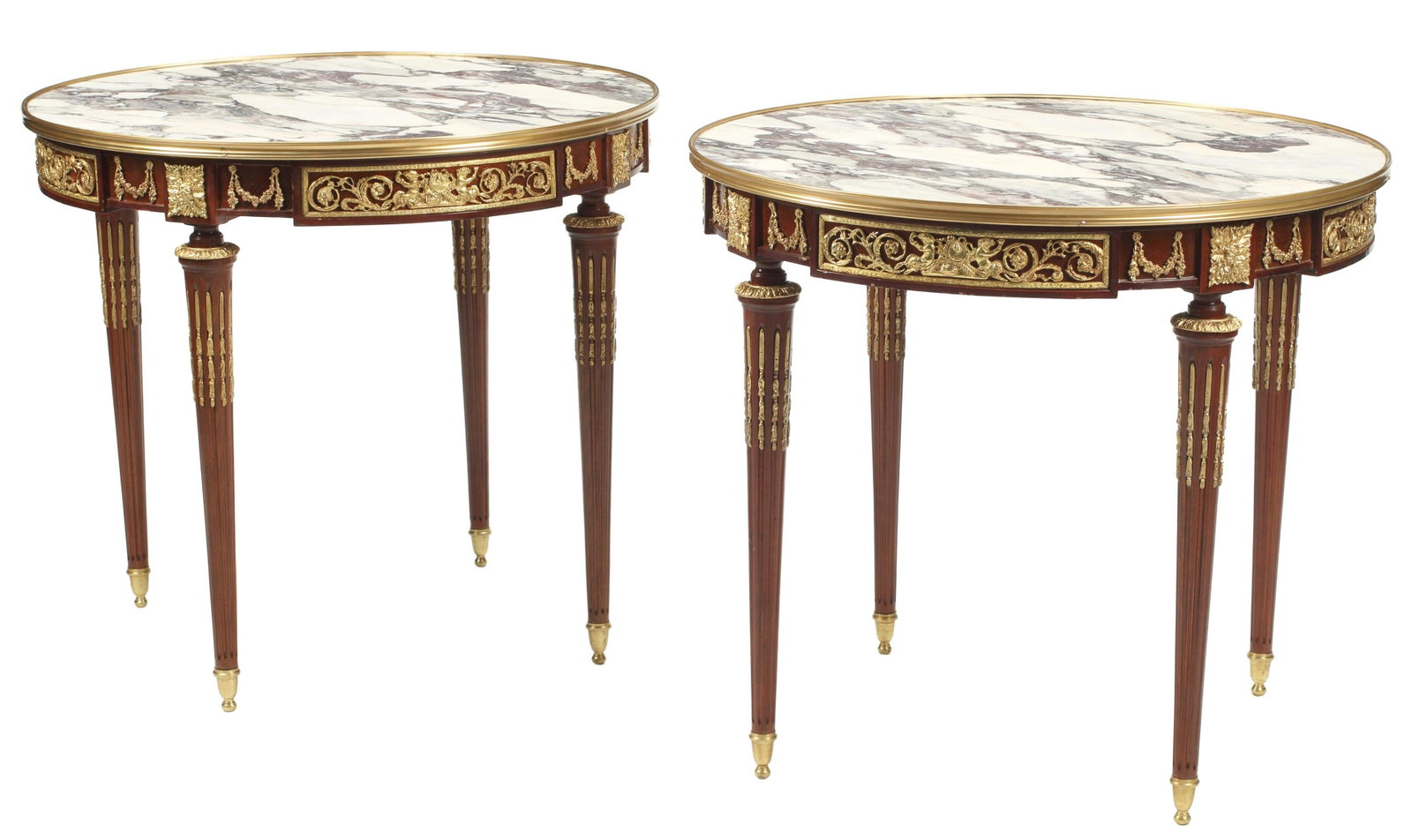(2) LOUIS XVI STYLE ORMOLU-MOUNTED GUERIDONS: (pair) Louis XVI style marble-top side tables, with bronze dore mounts, approx 29.5"h, 33.5"diam Start Price: $1500.00