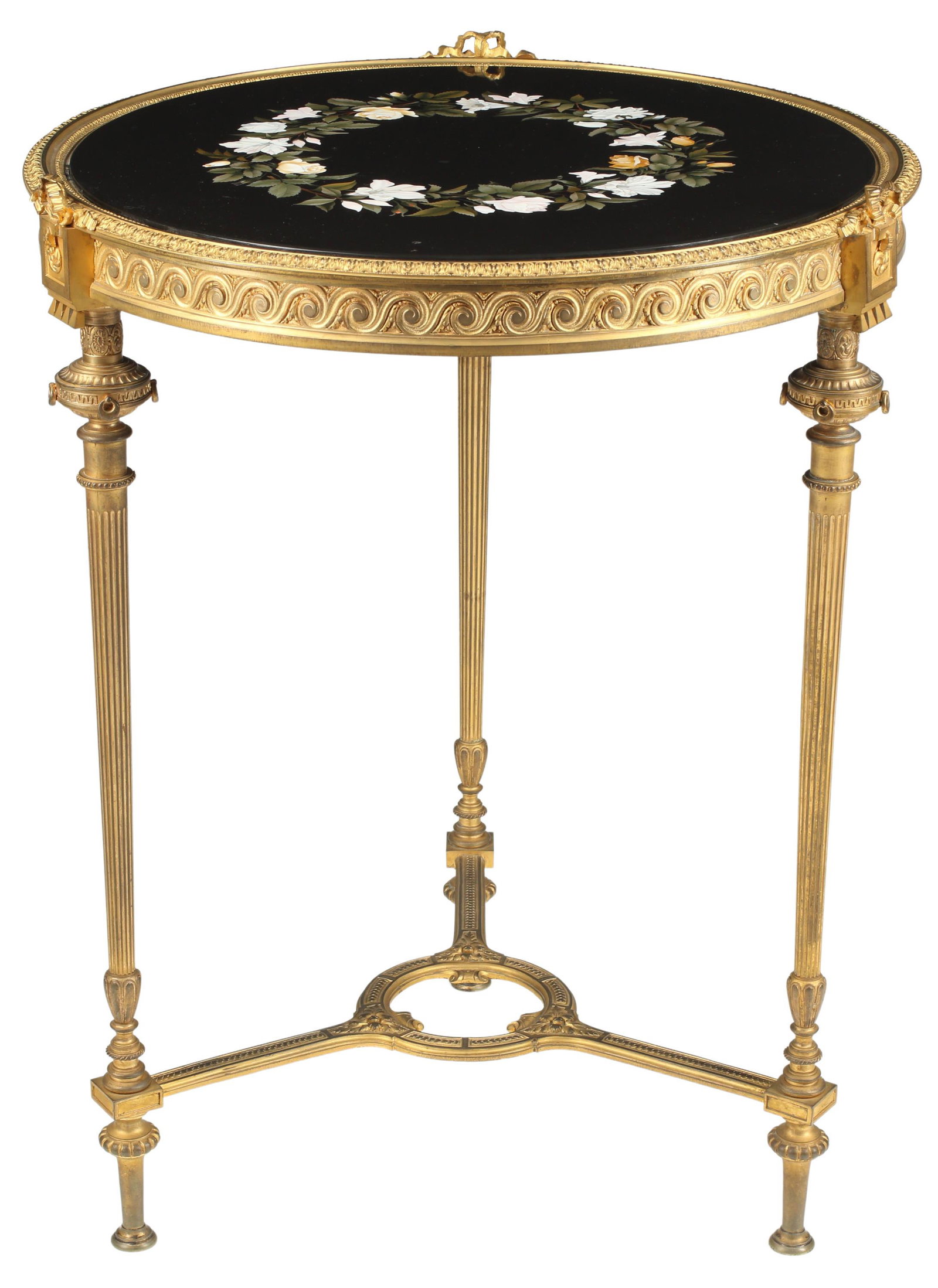 DIRECTOIRE STYLE PIETRA DURA TOP ORMOLU GUERIDON: Directoire style bronze dore side table, with pietra dura inlaid top, approx 31.5"h, 25"diam Start Price: $800.00