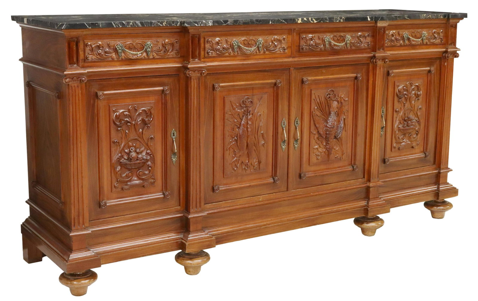 CONTINENTAL CARVED WALNUT MARBLE-TOP SIDEBOARD: Continental carved walnut marble-top sideboard, early 20th c., case fitted with four drawers, over four cabinets, carved with game birds and foliated urns, flanked by fluted side supports, rising on l