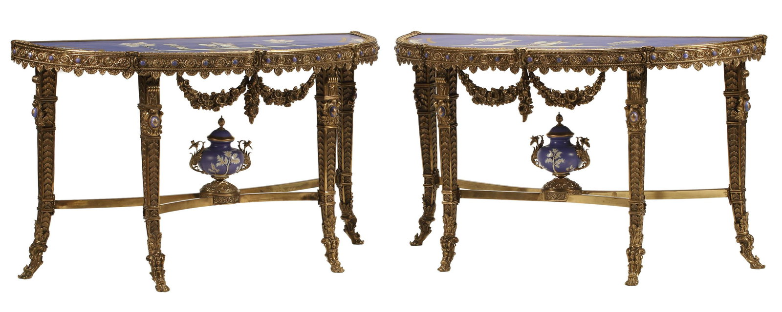 (2) PORCELAIN-MOUNTED BRONZE CONSOLE TABLES: (pair) Bronze and porcelain demilune console tables, approx 31"h, 53"w, 20"d Start Price: $1500.00