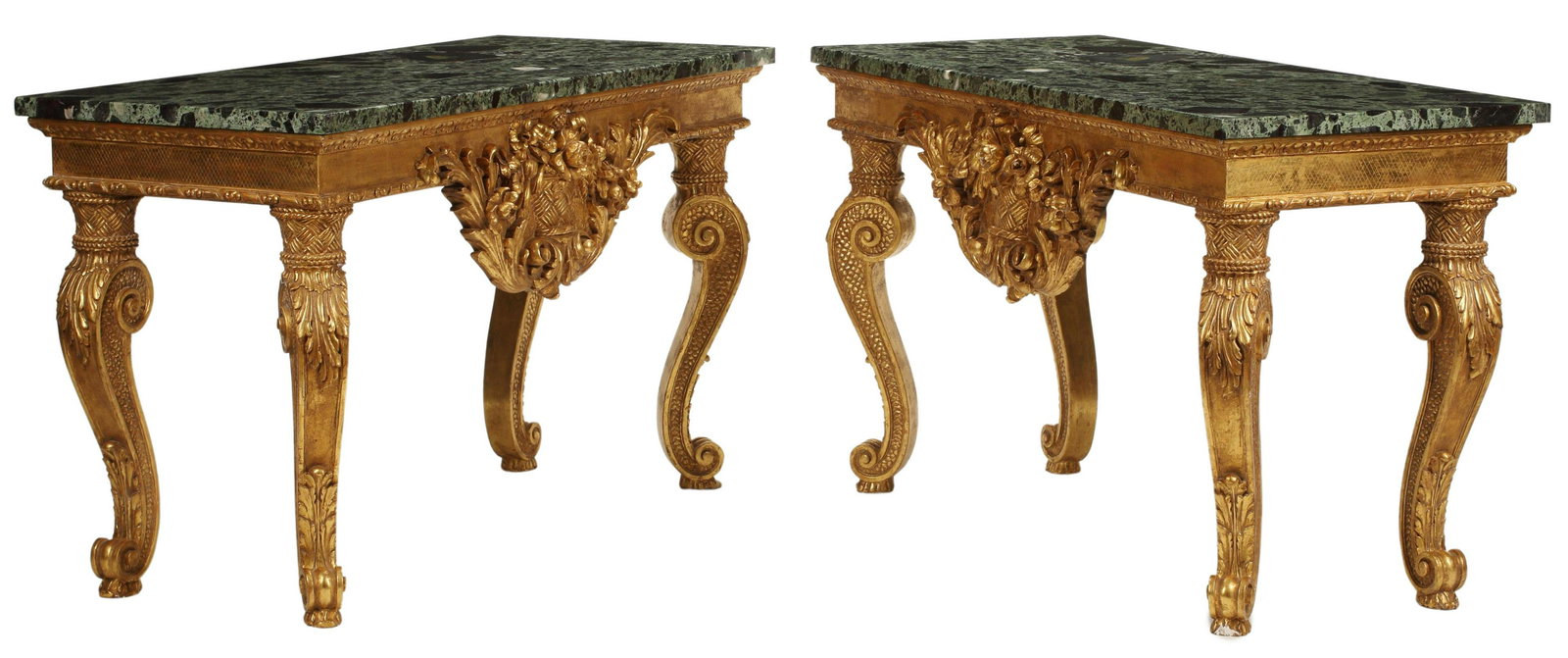 (2) BAROQUE STYLE MARBLE-TOP GILT CONSOLE TABLES: (pair) Baroque style marble-top gilt console tables, approx 34.5"h, 58.5"w, 25"d Start Price: $1000.00