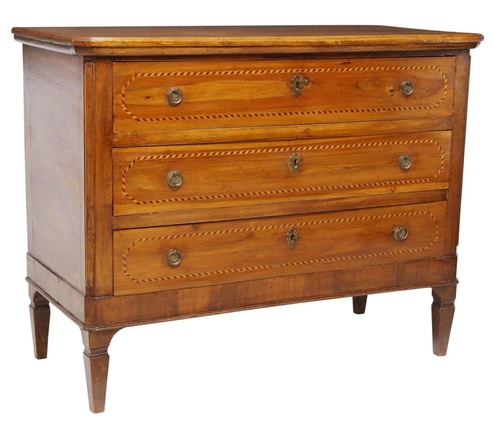 ITALIAN NEOCLASSICAL PARQUETRY COMMODE: Italian Neoclassical commode, 18th/ 19th c., inlaid parquetry banding, three drawers, rising on tapering square legs, approx 37.25"h, 47.25"w, 21"d Start Price: $800.00