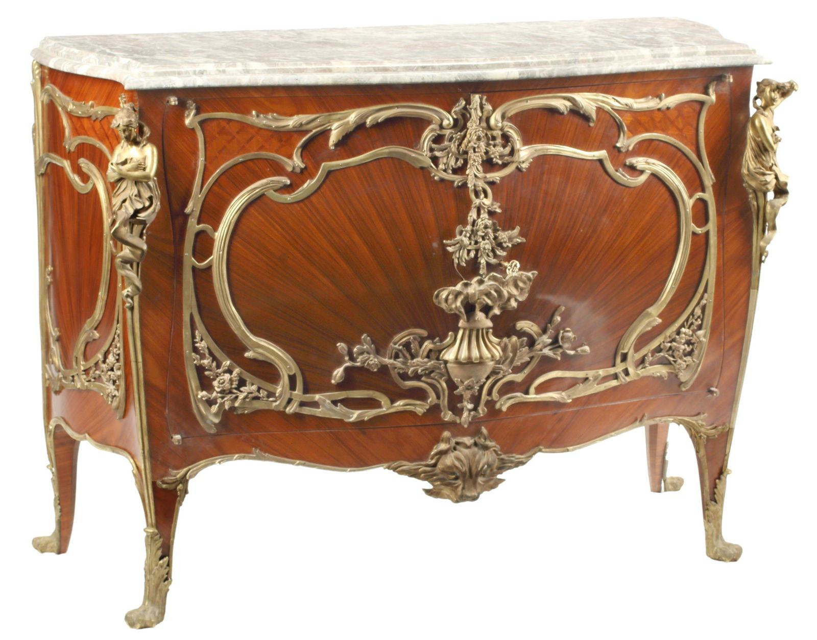 LOUIS XV STYLE ORMOLU-MOUNTED CABINET: Louis XV style marble-top cabinet, with bronze dore mounts, after the original model by Francois Linke (French, 1855-1946) and Leon Message (French, 1842-1901), approx 44.5"h, 59.5"w, 24.5"d Start Pri