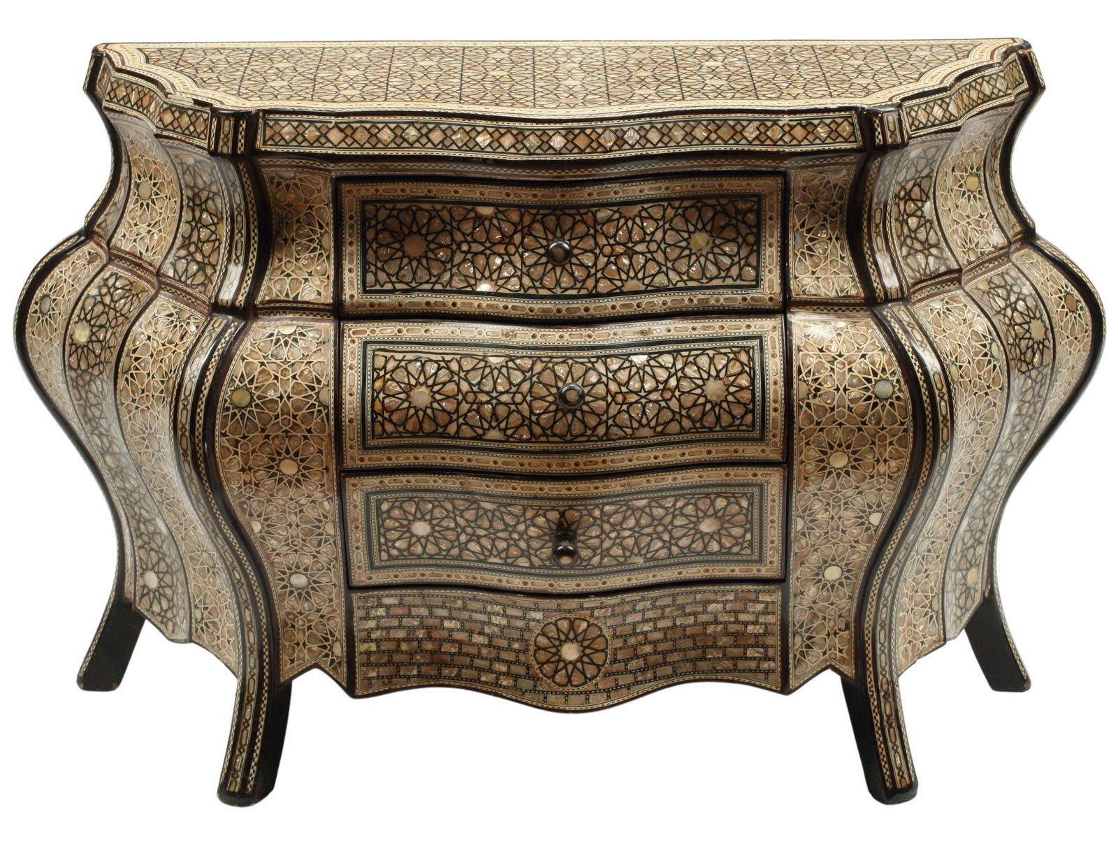 MOORISH STYLE INLAID BOMBE COMMODE: Moorish style inlaid bombe commode, with three drawers, approx 29.5"h, 47.5"w, 16.5"d Start Price: $800.00