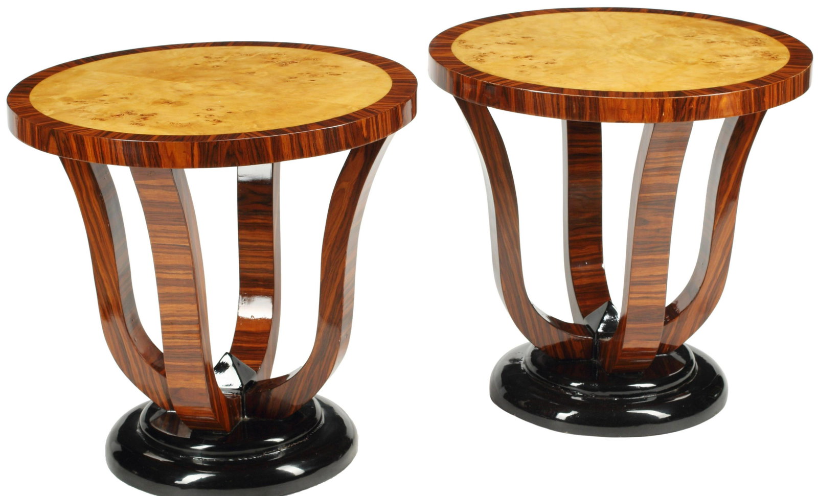 (2) ART DECO STYLE INLAID SIDE TABLES: (pair) Art Deco style inlaid side tables, approx 22.5"h, 23.5"diam Start Price: $300.00