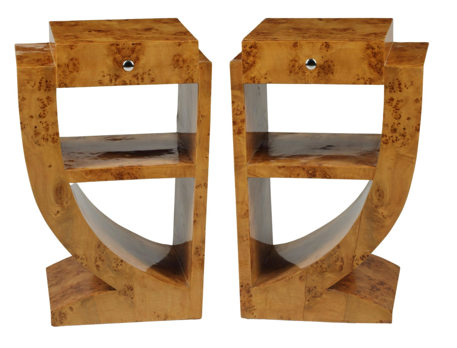 (2) ART DECO STYLE BURLWOOD SIDE TABLES: (pair) Art Deco style side tables/ nightstands, approx 30.5"h, 20"w, 16.5"d Start Price: $300.00