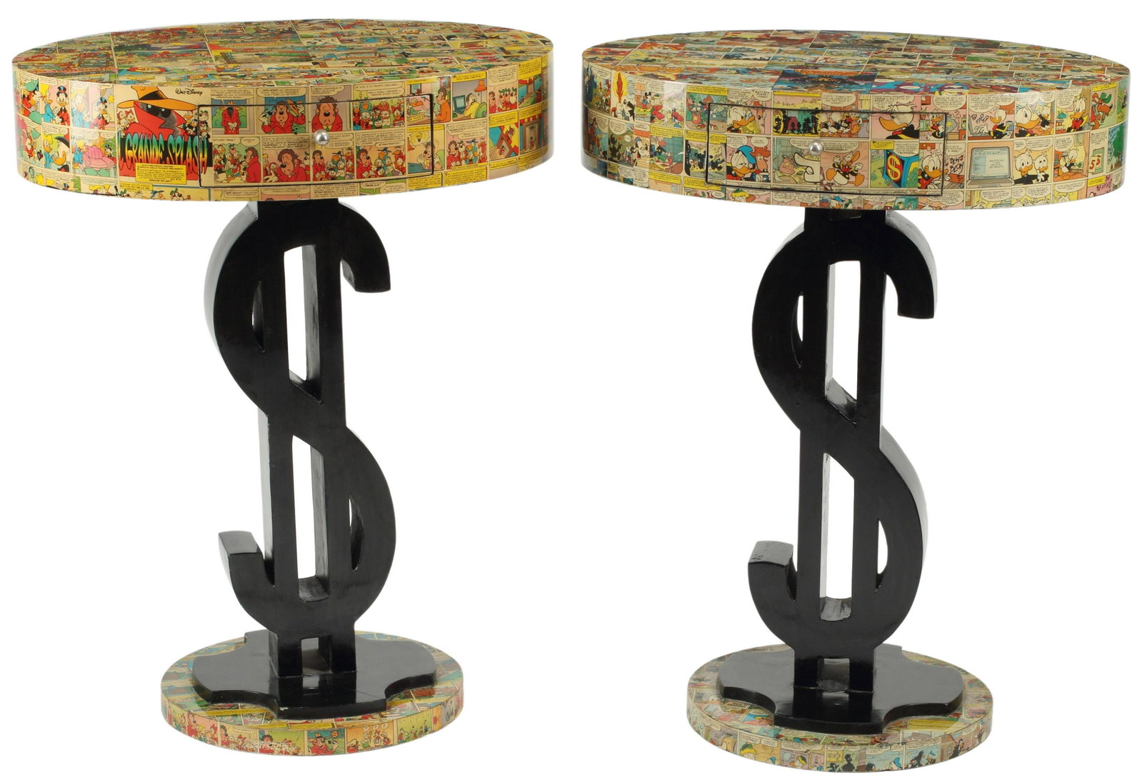(2) COMIC BOOK VENEERED ONE-DRAWER TABLES: (pair) Moderne comic book veneered one-drawer tables, approx 33"h, 26"w, 19.5"d Start Price: $200.00