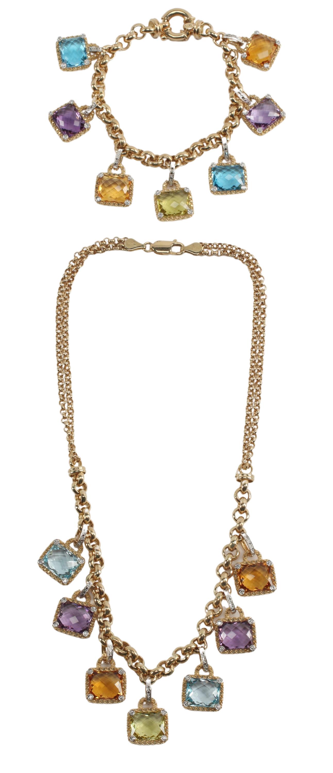 (2) ESTATE 14KT GOLD MULTI-GEM NECKLACE & BRACELET: (lot of 2) Estate 14kt yellow gold diamond and multi-gemstone jewelry, including blue topaz, amethyst, citrine, and lemon quartz, accented with small round diamonds, including: (1) necklace, hallmarke