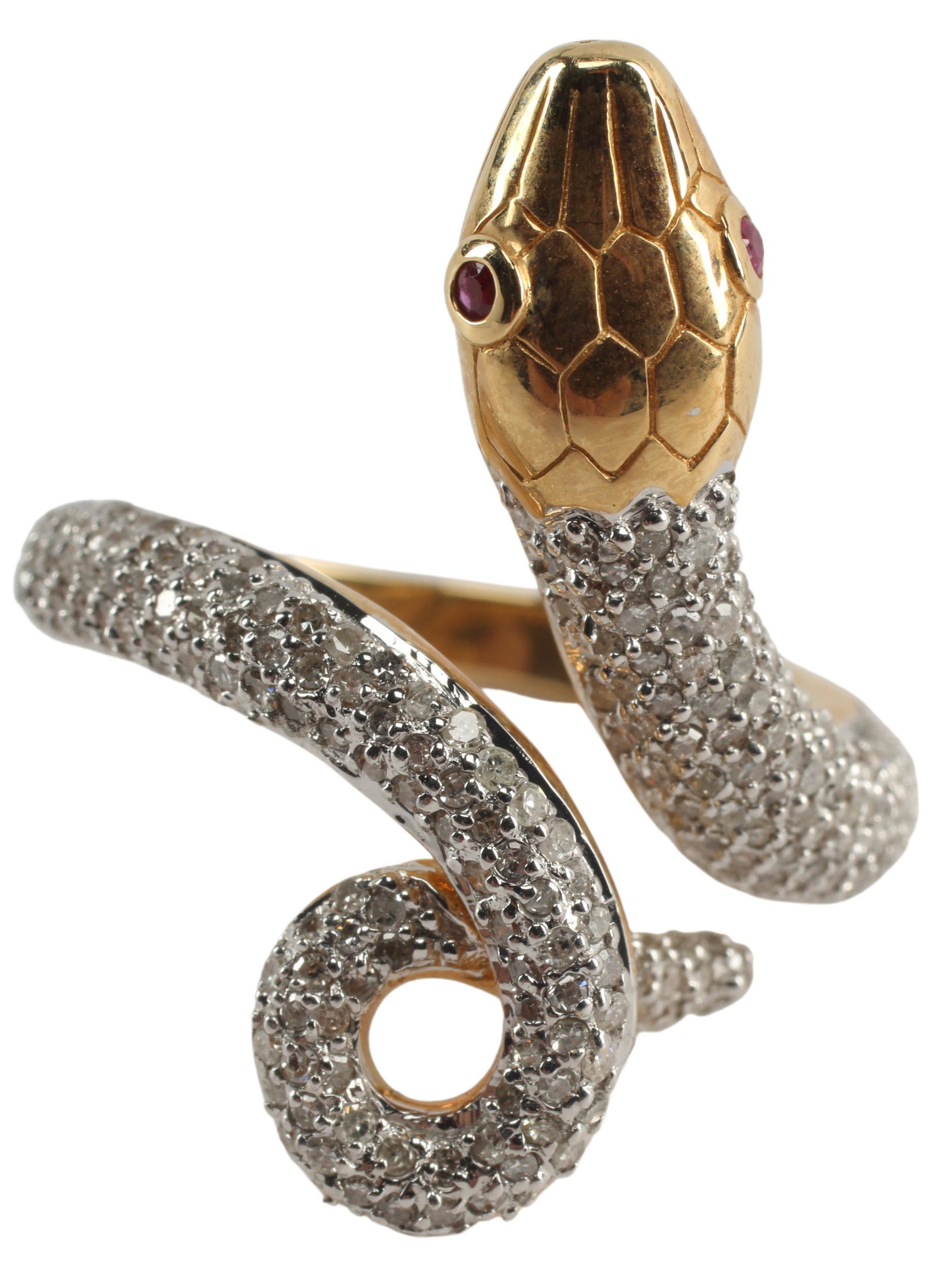 ESTATE 14KT GOLD & 1.00CTTW DIAMOND SNAKE RING: Estate 14kt yellow gold, pave diamond and ruby snake ring, approx 1.00cttw diamonds, average color: H-I, average clarity: SI1-SI2, hallmarked to interior, approx size 8.5-8.75, 10.5 grams (inclusive o
