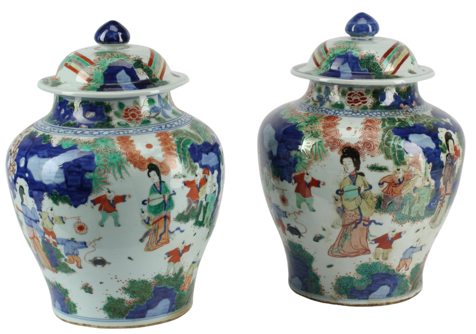(2) CHINESE PORCELAIN TEMPLE JARS: (pair) Chinese porcelain temple jars, approx 18"h, 12"diam, 36.5lbs total Start Price: $800.00