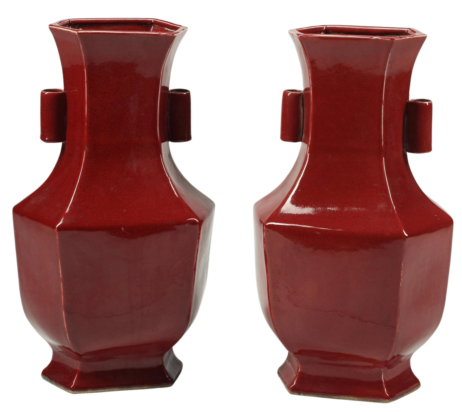 (2) CHINESE SANG DE BOEUF PORCELAIN VASES: (pair) Chinese porcelain vases, in an oxblood glaze, approx 22.5"h, 12"w, 9.5"d, 33lbs total Start Price: $400.00