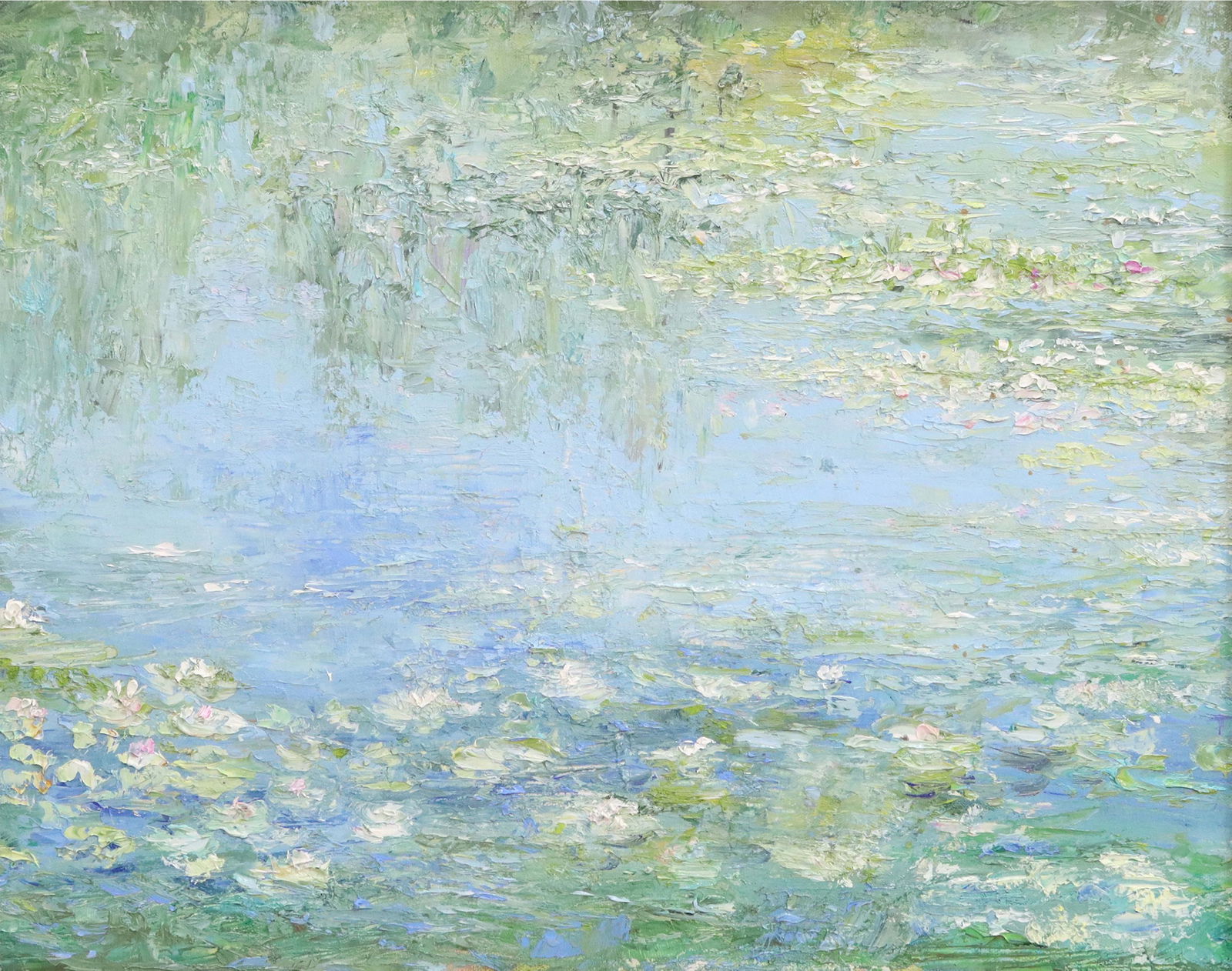 AFTER CLAUDE MONET OIL PAINTING WATER LILIES: Framed oil on canvas painting, Water Lilies, in the manner of Claude Monet (French, 1840-1926), inscribed verso S.A Blu Ure Lilli (?), sight: approx 15.25"h, 19.25"w, overall: 23"h, 27"w, 9lbs Start P