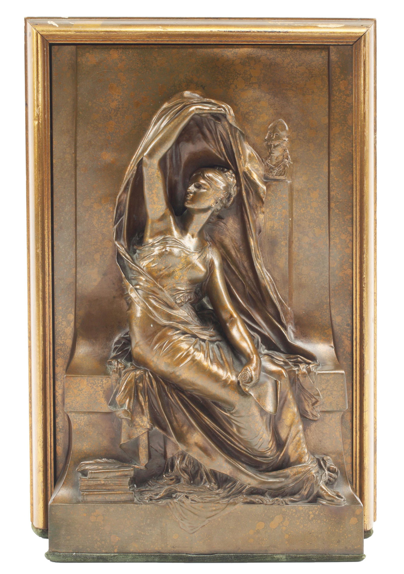 AFTER HENRI CHAPU (1833-1891) BRONZE RELIEF PLAQUE: Patinated bronze relief plaque, "La Pensee," signed in cast H. Chapu, after Henri Michel Antoine Chapu (French, 1833-1891), approx 14.5"h, 10"w, 4"d, 10.75lbs Start Price: $200.00