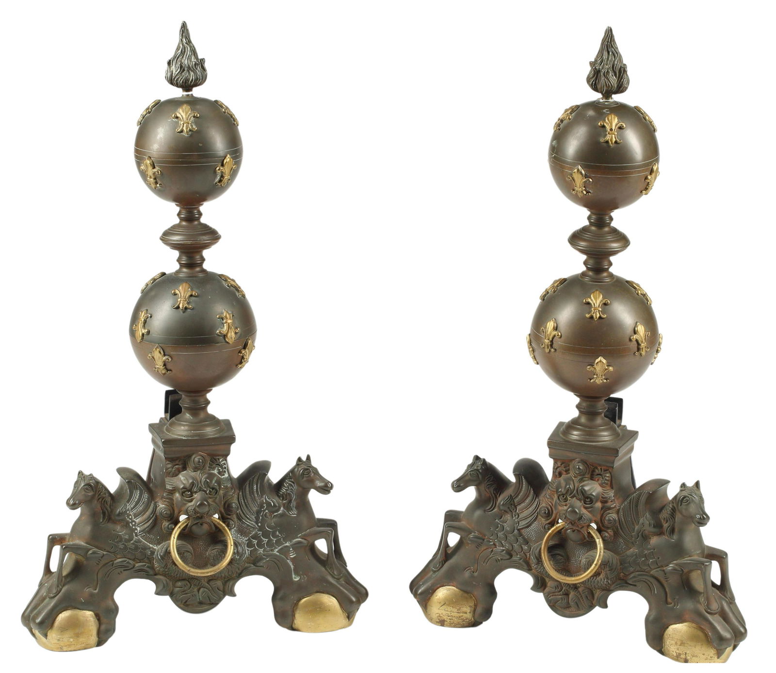 (2) BRONZE ANDIRONS: (pair) Bronze andirons, approx 29.5"h, 16"w, 13"d Start Price: $300.00