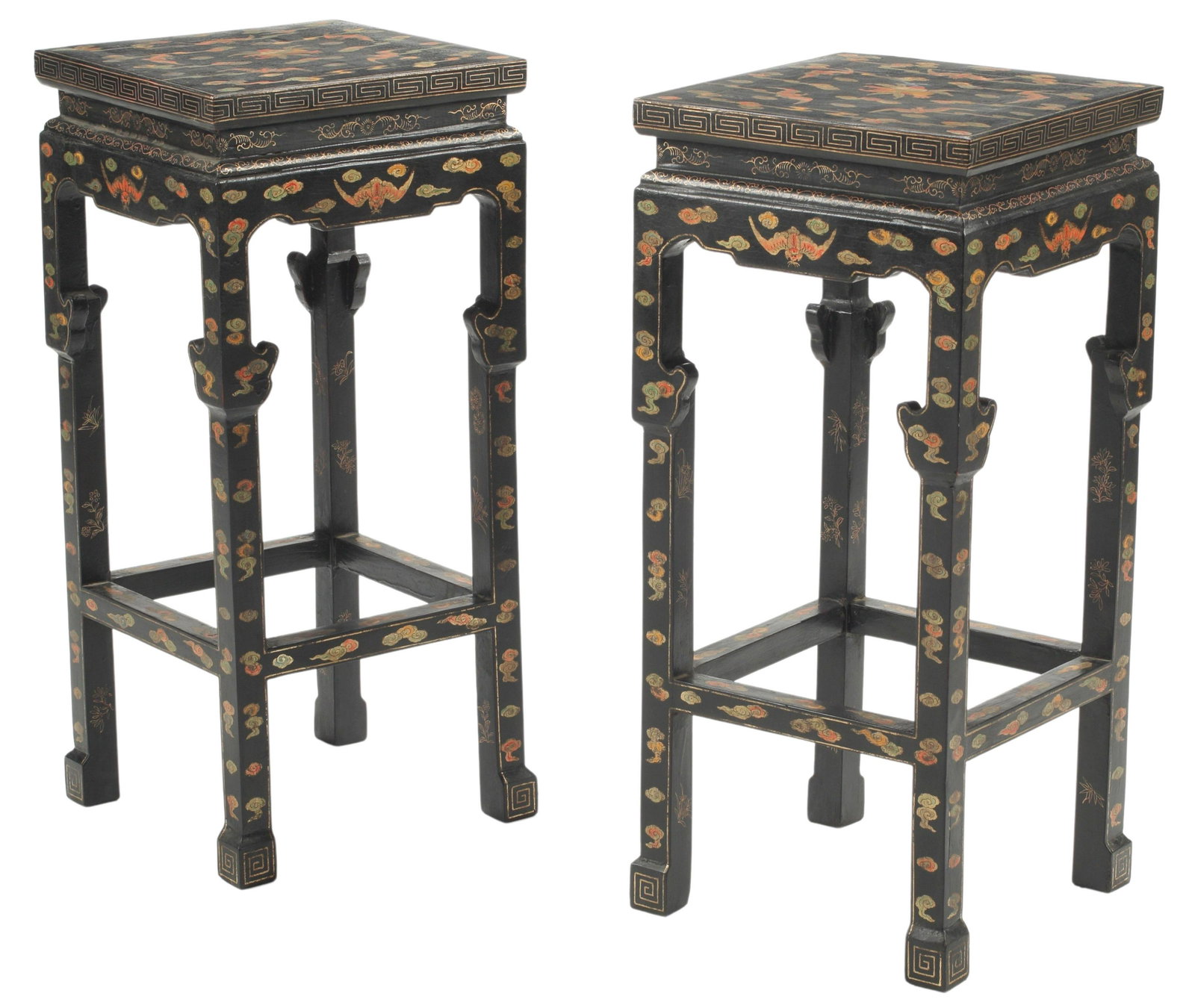 (2) CHINESE POLYCHROME & BLACK LACQUER SIDE TABLES: (pair) Chinese polychrome and black lacquer square tables, approx 31.5"h, 14"w, 14"d Start Price: $300.00