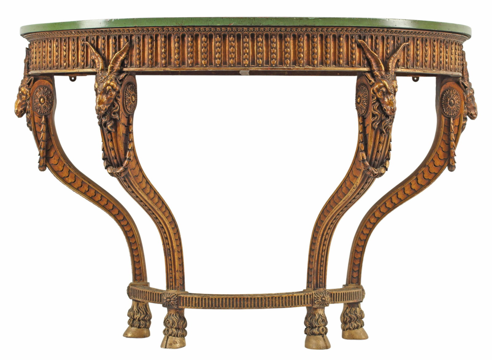 PARCEL GILT & PAINTED DEMILUNE CONSOLE TABLE: Parcel gilt and painted demilune console table, approx 32"h, 47"w, 21.5"d Start Price: $600.00