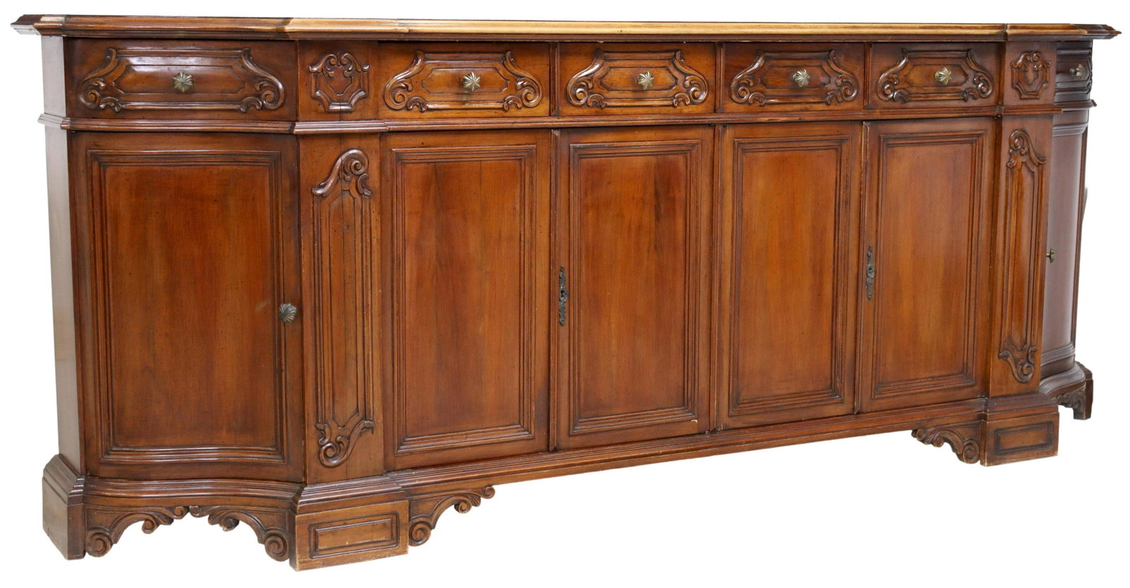 ITALIAN BAROQUE STYLE CARVED WALNUT SIDEBOARD: Italian Baroque style walnut sideboard, early 20th c., six drawers, over six cabinet doors, rising on bracket feet, approx 38"h, 99.25"w, 18.5"d Start Price: $300.00