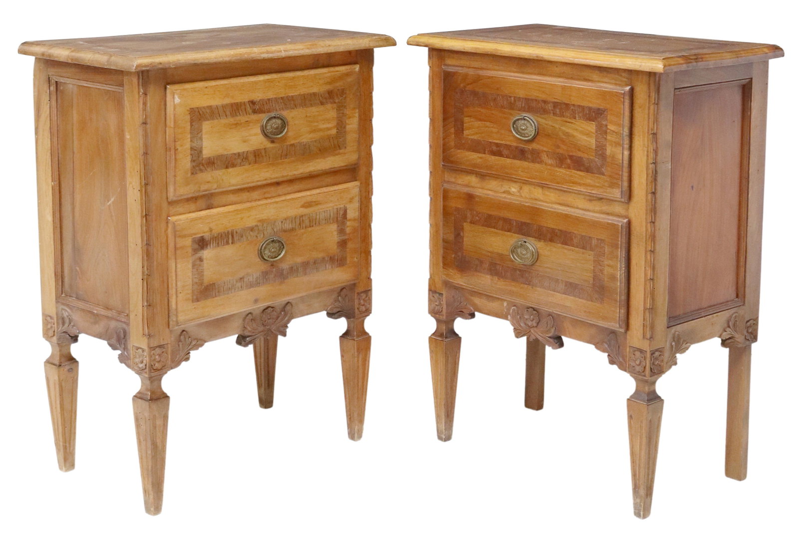 (2) ITALIAN NEOCLASSICAL WALNUT NIGHTSTANDS: (pair) Italian Neoclassical walnut nightstands, 20th c., banded top, two drawers, rising on tapering square legs, (one) with replaced back legs, approx 28.5"h, 21.75"w, 12.25"d Start Price: $100.00