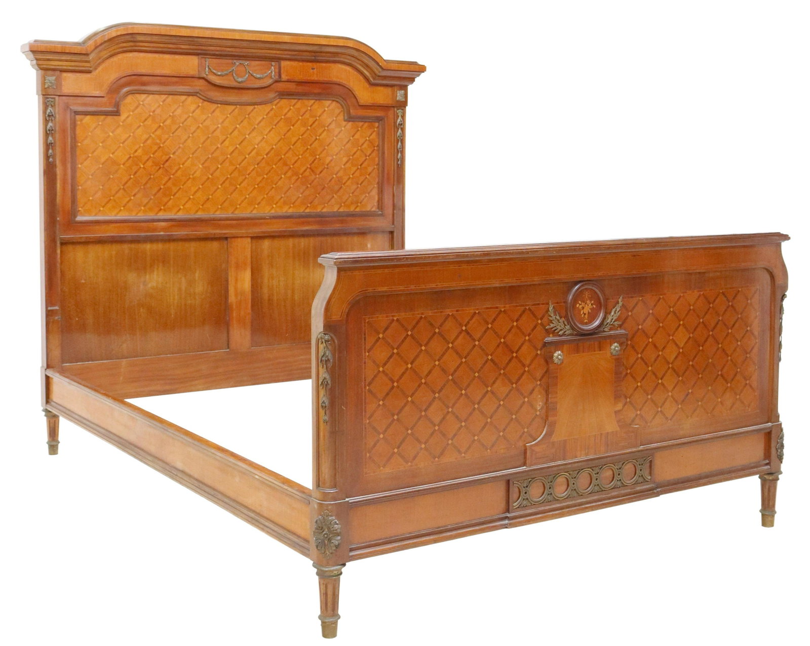 ITALIAN NEOCLASSICAL PARQUETRY & GILT METAL BED: Italian Neoclassical parquetry bed, 20th c., having molded cornice, over diaper pattern parquetry, with gilt metal mounts, rising on fluted and tapered legs, exterior: approx 64.5"h, 83.75"l, 68.25"w,