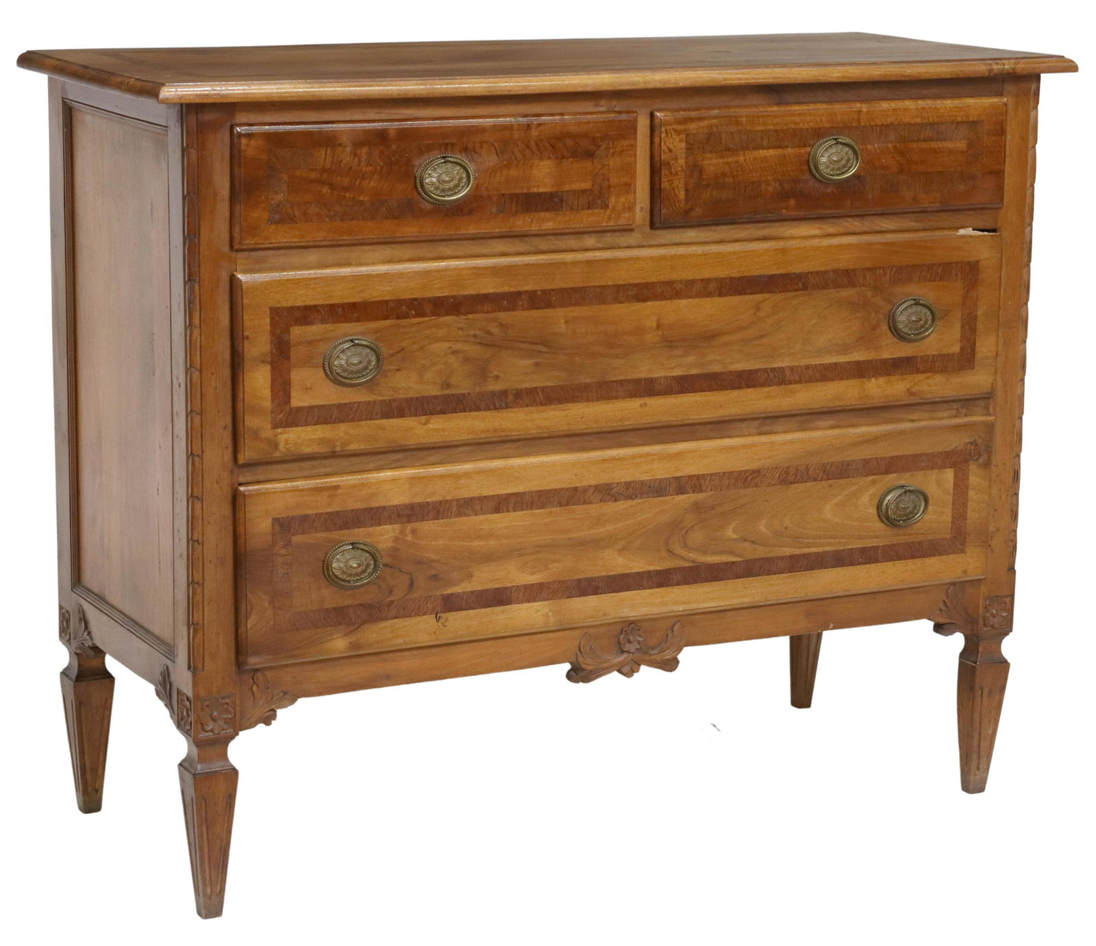 ITALIAN NEOCLASSICAL BANDED COMMODE: Italian Neoclassical commode, 20th c., having banded case, fitted with two top drawers, over two full-length drawers, rising on tapering square legs, restoration to (one) back leg, one drawer with woo