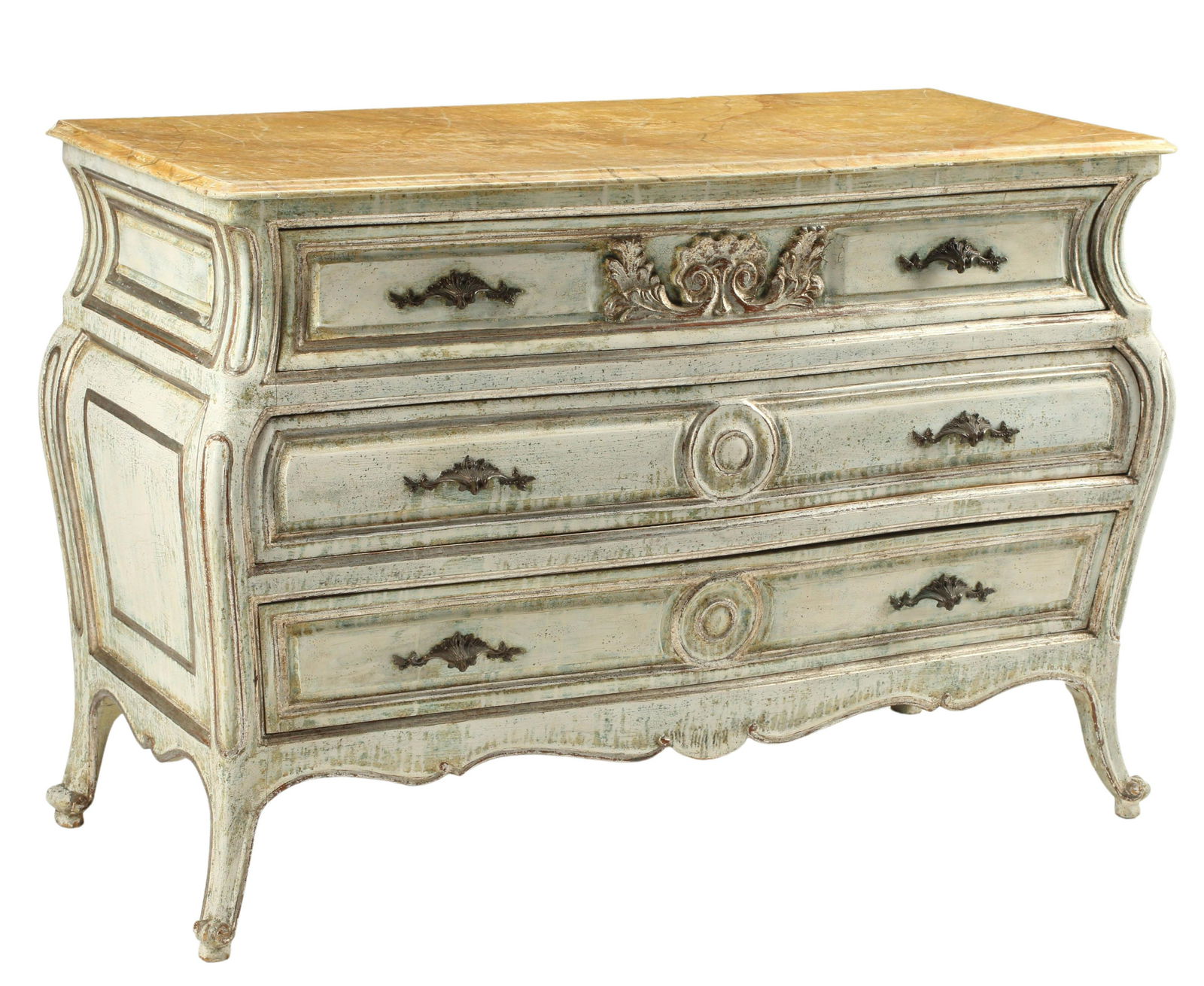 LOUIS XV STYLE FAUX MARBLE PAINTED COMMODE: Louis XV style painted commode, faux marble top, three drawers, approx 34"h, 50"w, 21"d Start Price: $300.00